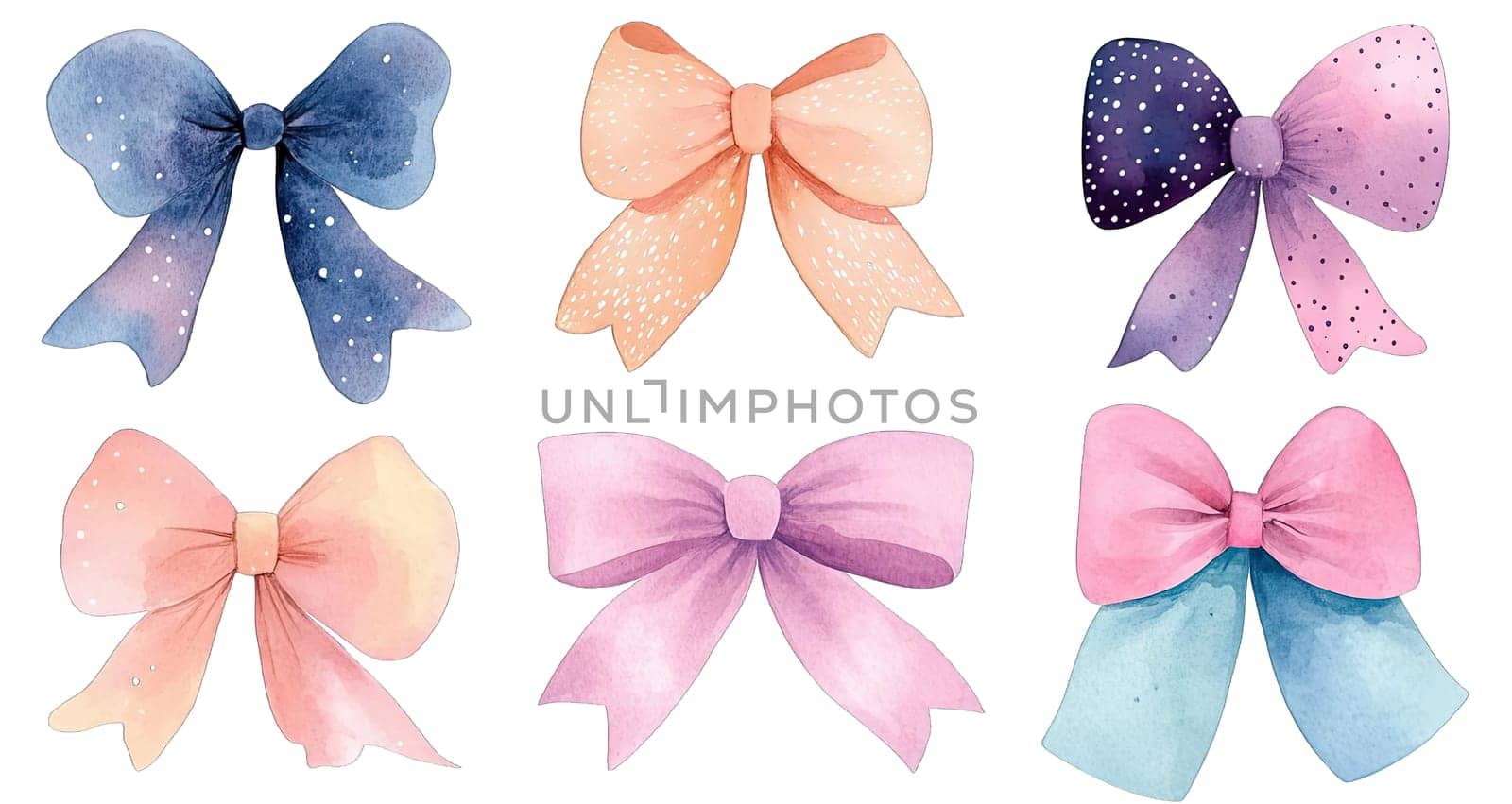 A vibrant collection of six watercolor bows in different colors and patterns. These decorative bows showcase a variety of designs, perfect for crafts, gifts, and home decor.