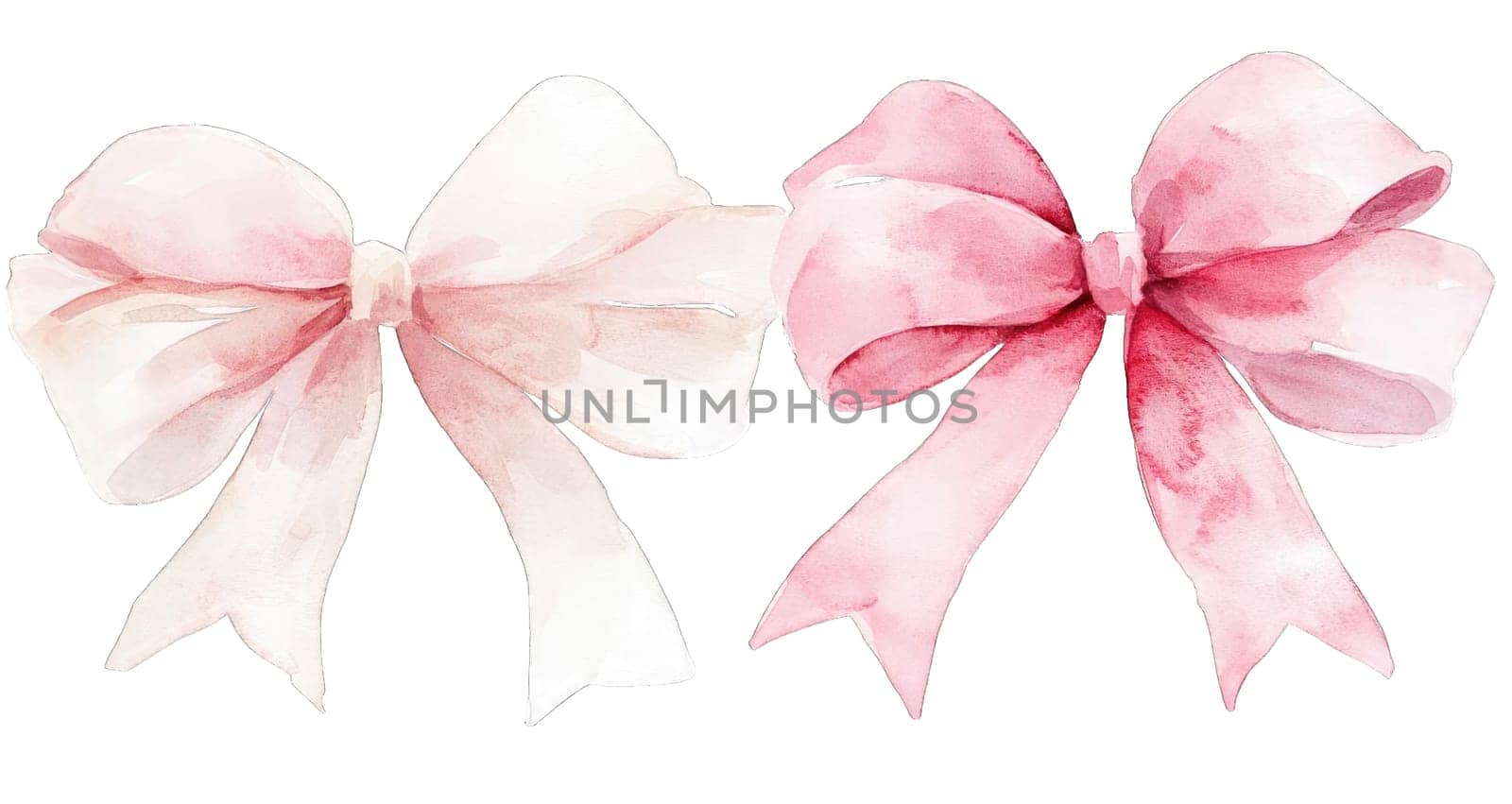 Two beautiful watercolor bows in soft pastel colors showcase a playful design, perfect for adding charm to gift wrapping, scrapbooking, and other creative projects. Ideal for festive occasions.