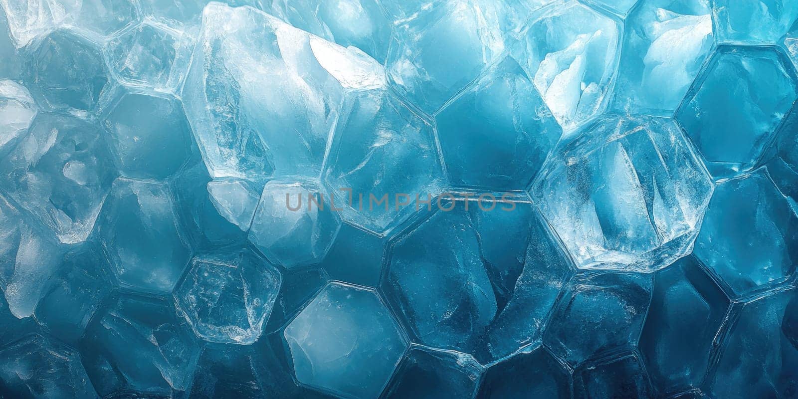 Cold blue and white tones create an abstract background featuring a hexagonal pattern. The smooth reflections and ice-like texture evoke a frozen aesthetic with high detail.