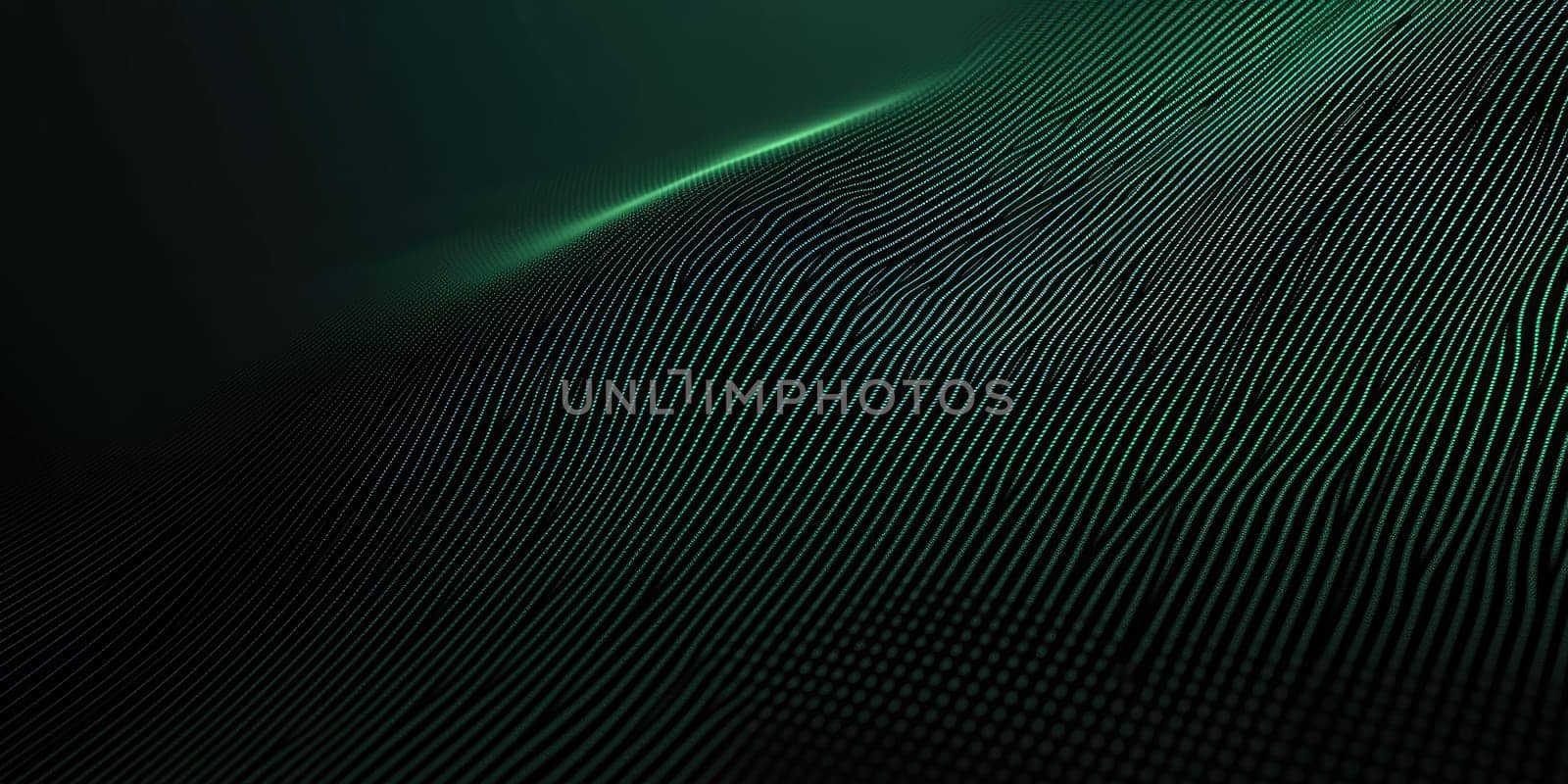 Abstract lines form a high-tech digital matrix effect in dark green and black hues. The sharp structure evokes a cybernetic aesthetic, offering a glimpse into a futuristic world.