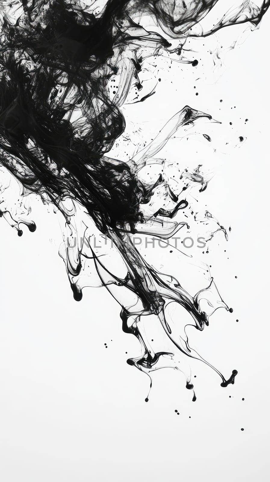 This artistic composition features flowing lines and ink splash details in monochrome black and white. The high contrast creates a sleek and modern visual effect, embodying minimalist abstraction.