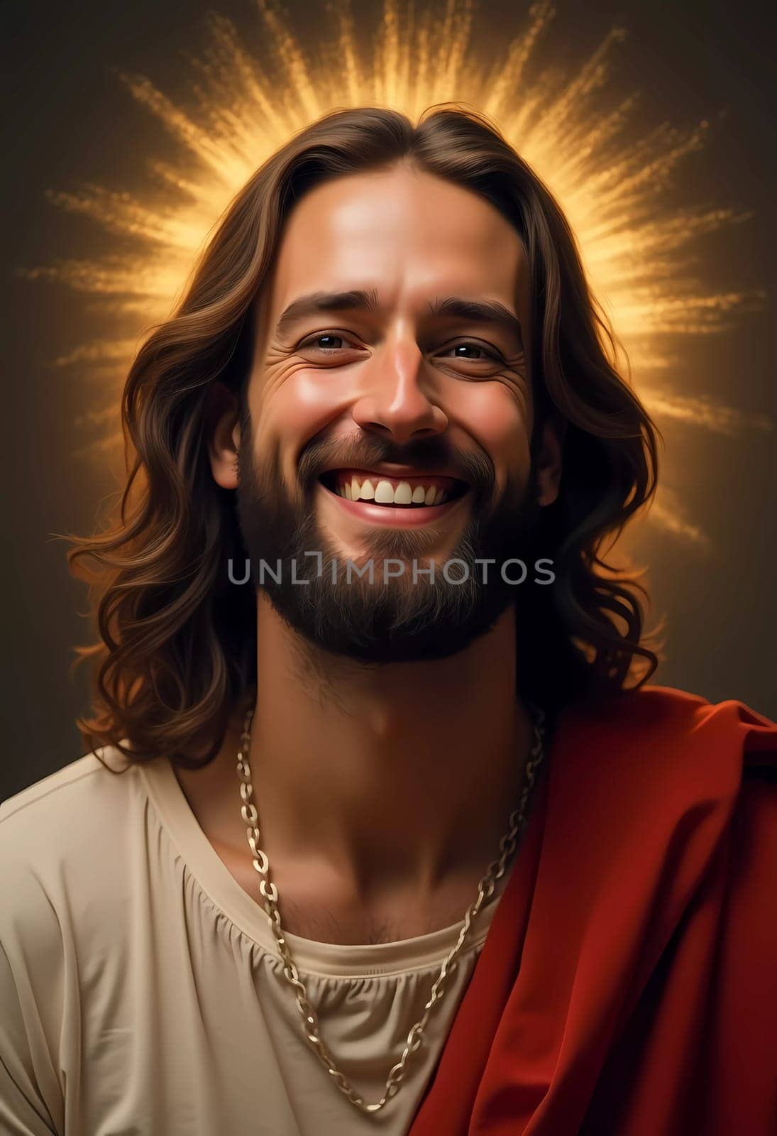 A figure exuding joy and love smiles radiantly, surrounded by a warm golden glow. This captivating moment reflects a sense of serenity and divine connection, uplifting all around.