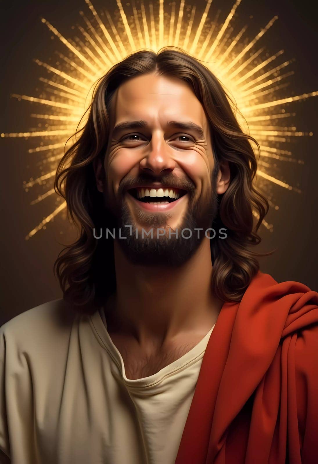 A joyful depiction of Jesus Christ exuding happiness and love. His radiant smile and warm expression convey a sense of peace and divine joy, set against a glowing halo background.