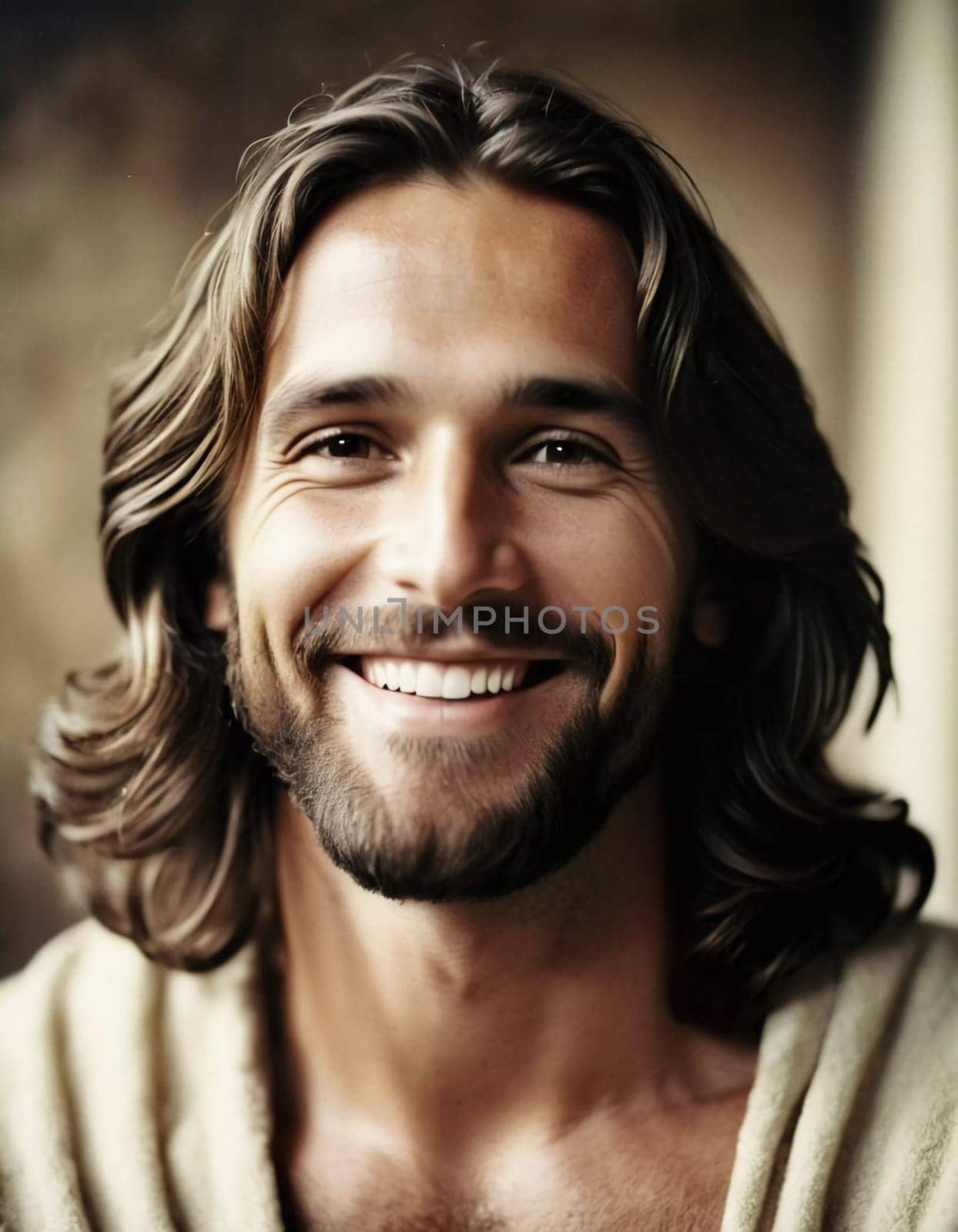 A luminous figure with long hair and a gentle smile radiates joy and peace. Set against a soft background, this presence evokes a sense of divine connection and tranquility.
