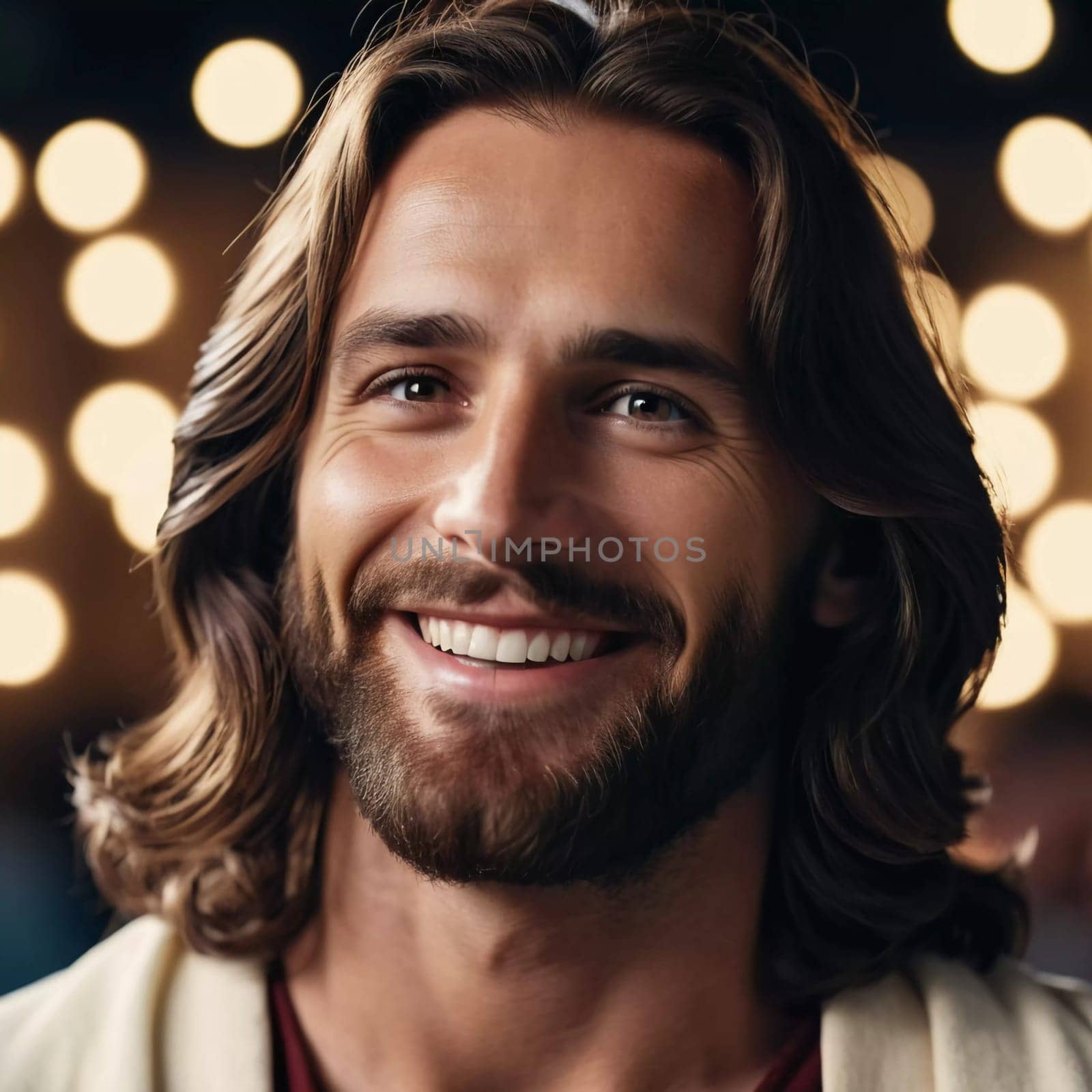 A radiant figure of Jesus Christ smiles warmly, embodying compassion and hope.