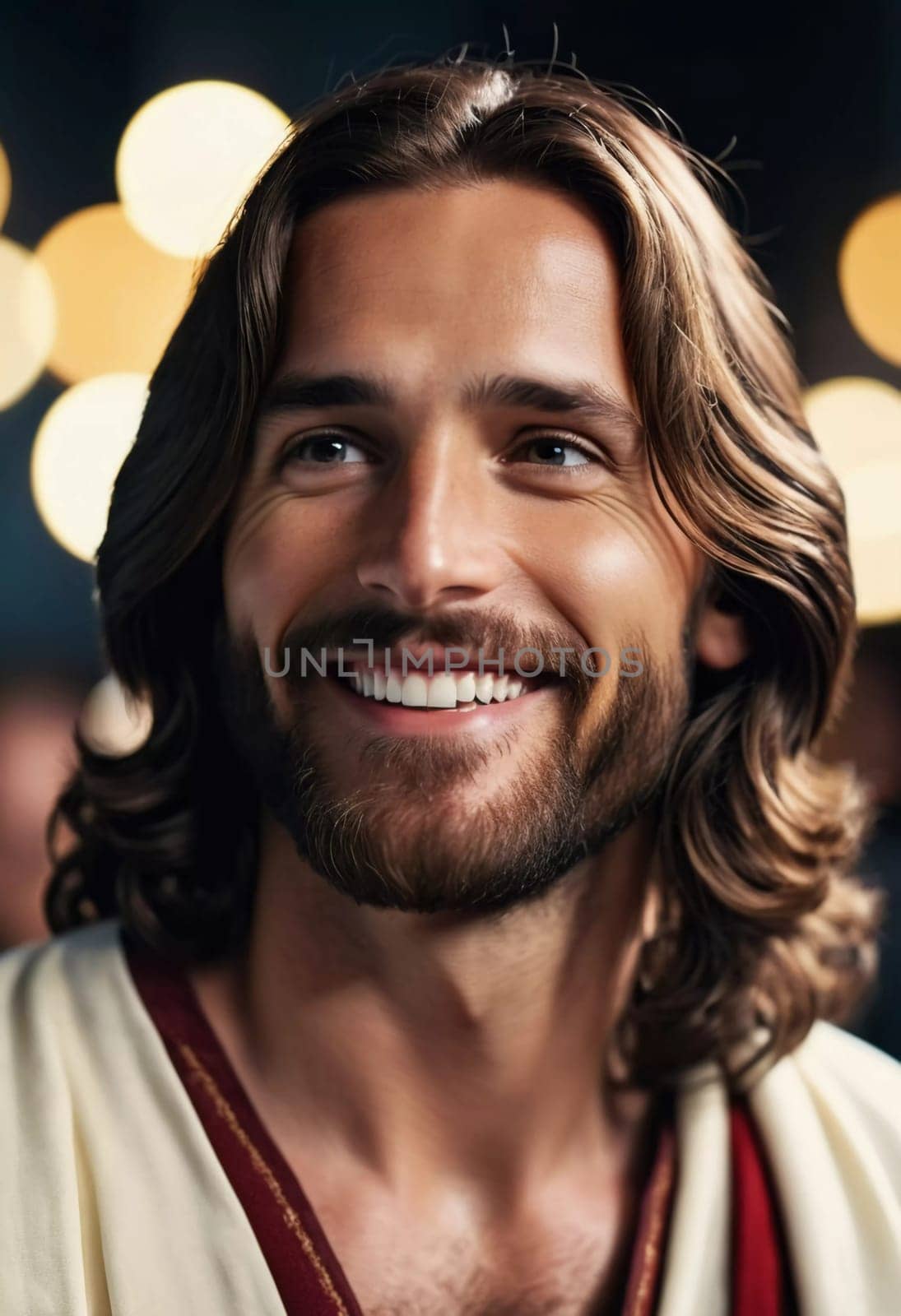In a moment of serene warmth, Jesus Christ smiles brightly, embodying love and hope. The soft glow of ambient lights enhances the atmosphere, evoking a sense of joy and peace.