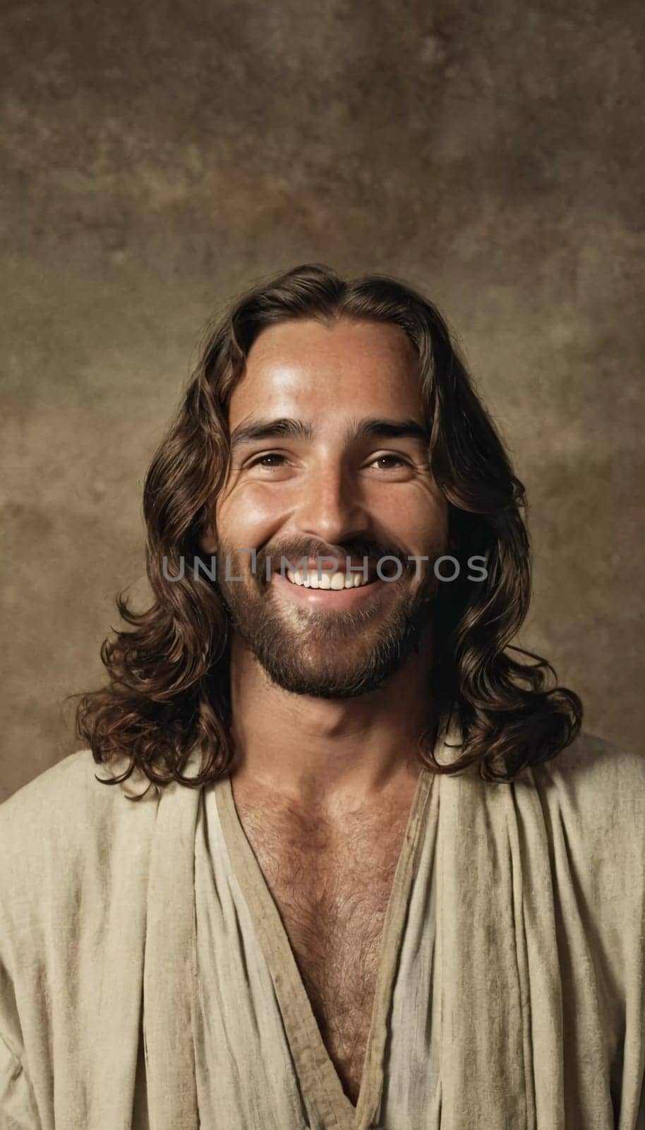 A figure embodies the essence of joy with a bright smile, long flowing hair, and a serene expression. Soft lighting accentuates his kind features, evoking a sense of calm and hope.