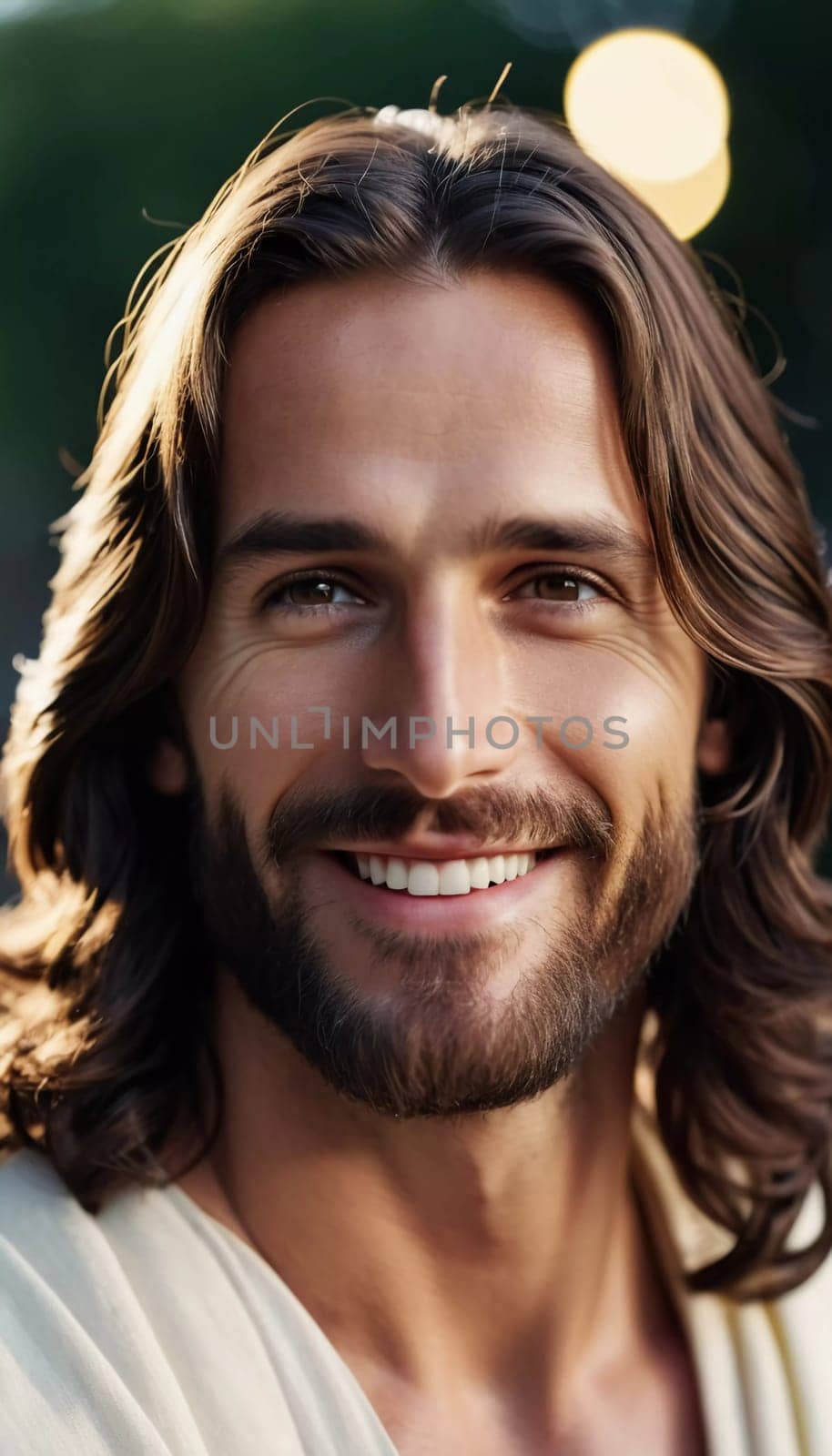 A serene figure with long hair and a gentle smile radiates warmth and compassion in a lush garden. Sunlight filters through the foliage, enhancing the tranquil atmosphere.
