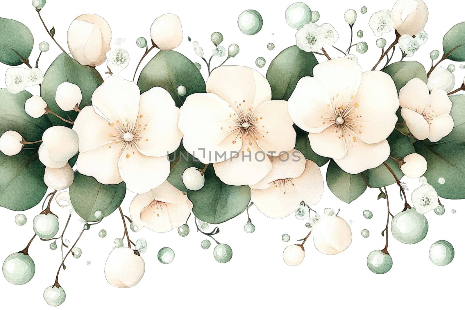 A detailed floral design featuring white blossoms surrounded by lush green leaves and decorative berries. The arrangement showcases a harmonious blend of color and form, ideal for various occasions.