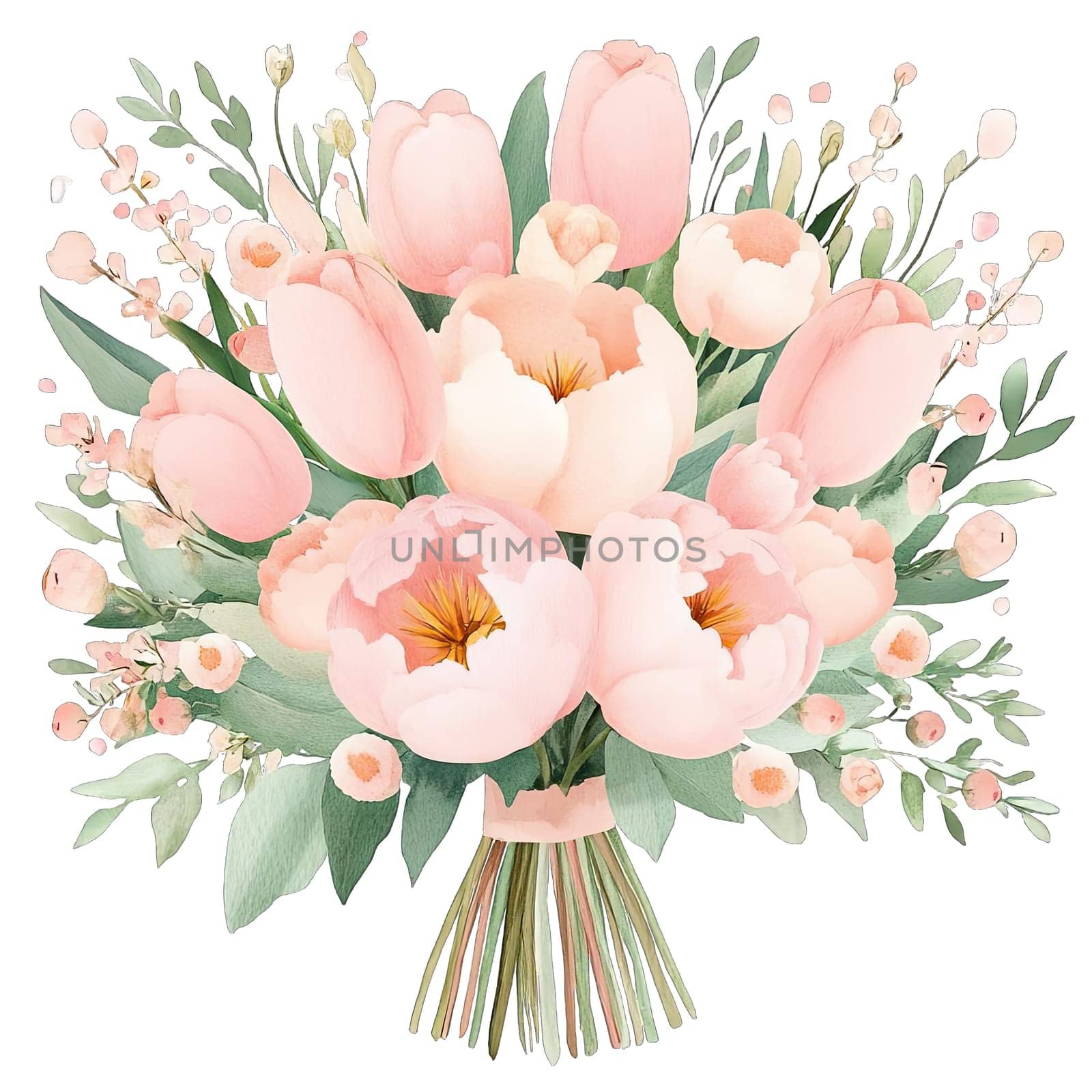 A stunning bouquet features soft pink peonies and tulips surrounded by delicate greenery. Perfect for special occasions or as a lovely decorative piece in any setting.