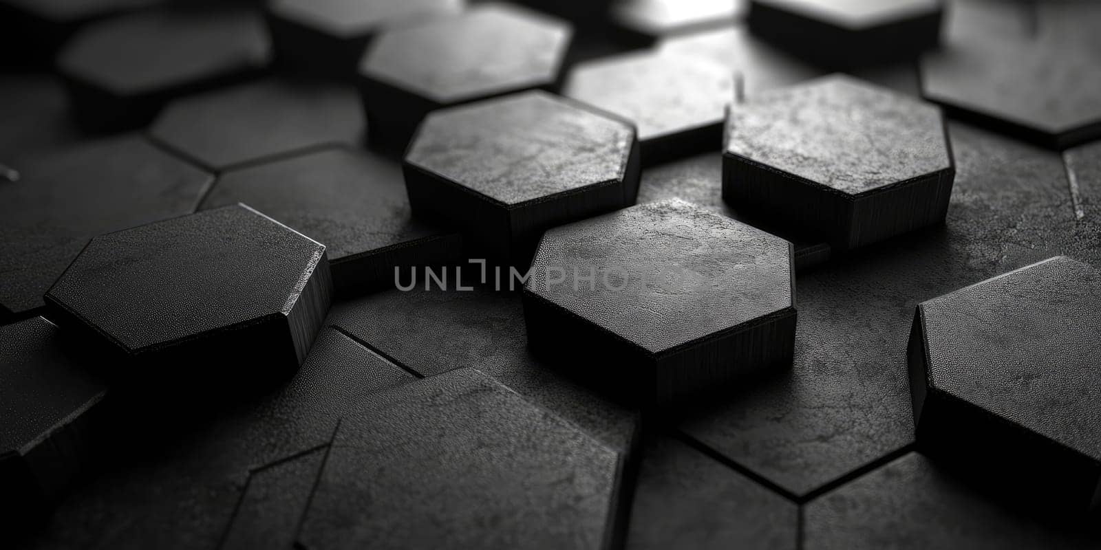 The composition showcases a hexagonal pattern featuring subtle embossed details, highlighted by soft lighting. The design exudes an industrial and modern feel, perfect for sophisticated projects.