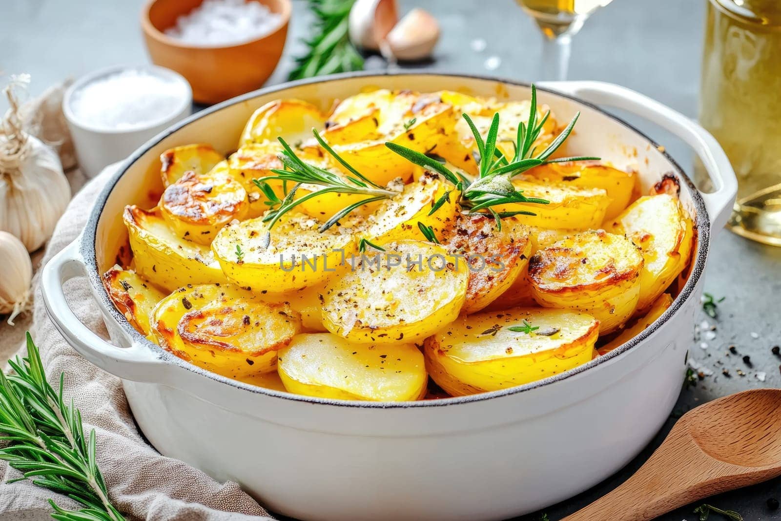 Golden and crispy layered potato bake sits in a white Dutch oven, infused with rosemary and roasted garlic, on a rustic wooden table, with soft light enhancing its creamy textures.