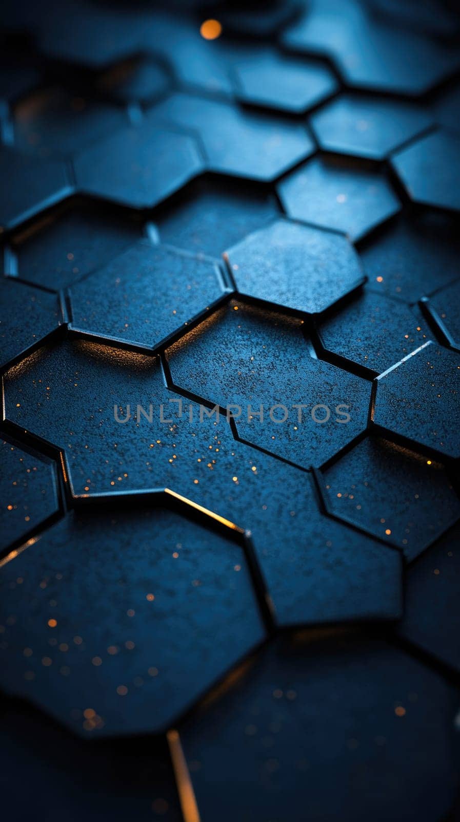 Hexagonal shapes create a striking abstract background featuring deep blue colors and metallic reflections. The smooth gradients and dynamic lighting add a modern, professional feel to the design.