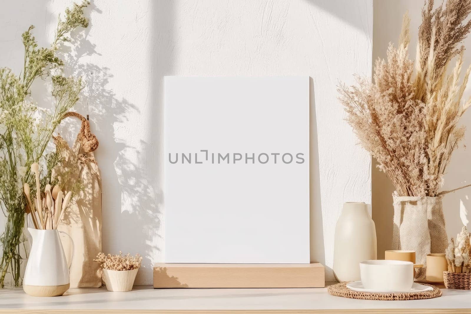 A blank white poster rests on a floating shelf adorned with neutral decor in a contemporary interior.
