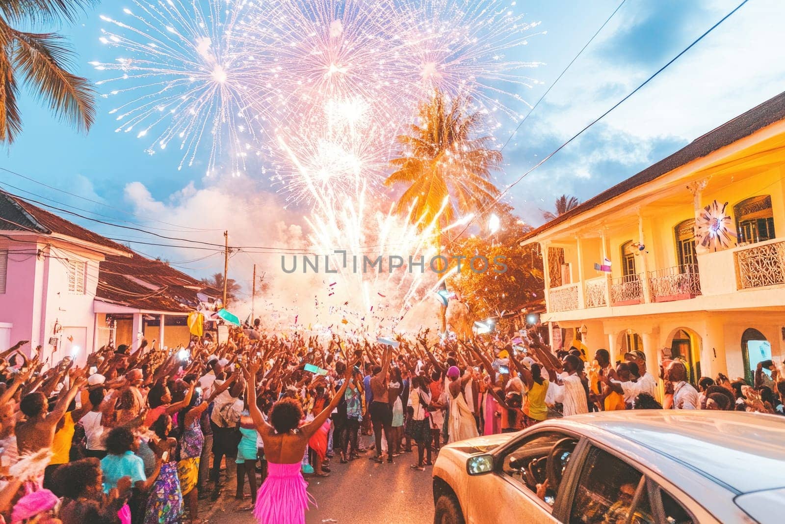 Fireworks burst across the night sky in Freetown, filling the air with vibrant colors. Crowds gather with laughter and excitement, celebrating a memorable event under the sparkling display.