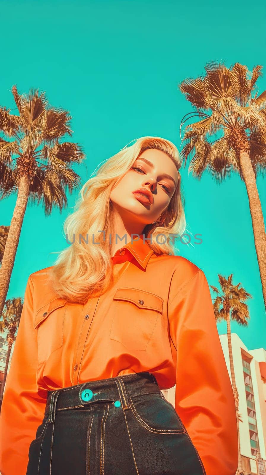 A glamorous blonde poses elegantly against stylized palm trees and a sun-faded cityscape. Soft afternoon light enhances her sophisticated look, embodying a vintage atmosphere that captivates.