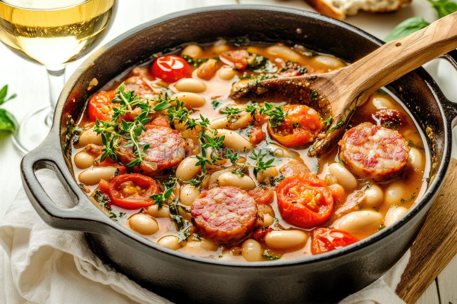 A rustic Dutch oven showcases a hearty combination of slow-simmered white beans, juicy cherry tomatoes, and slices of farm-style sausage. Aromatic herbs enhance this inviting dish.