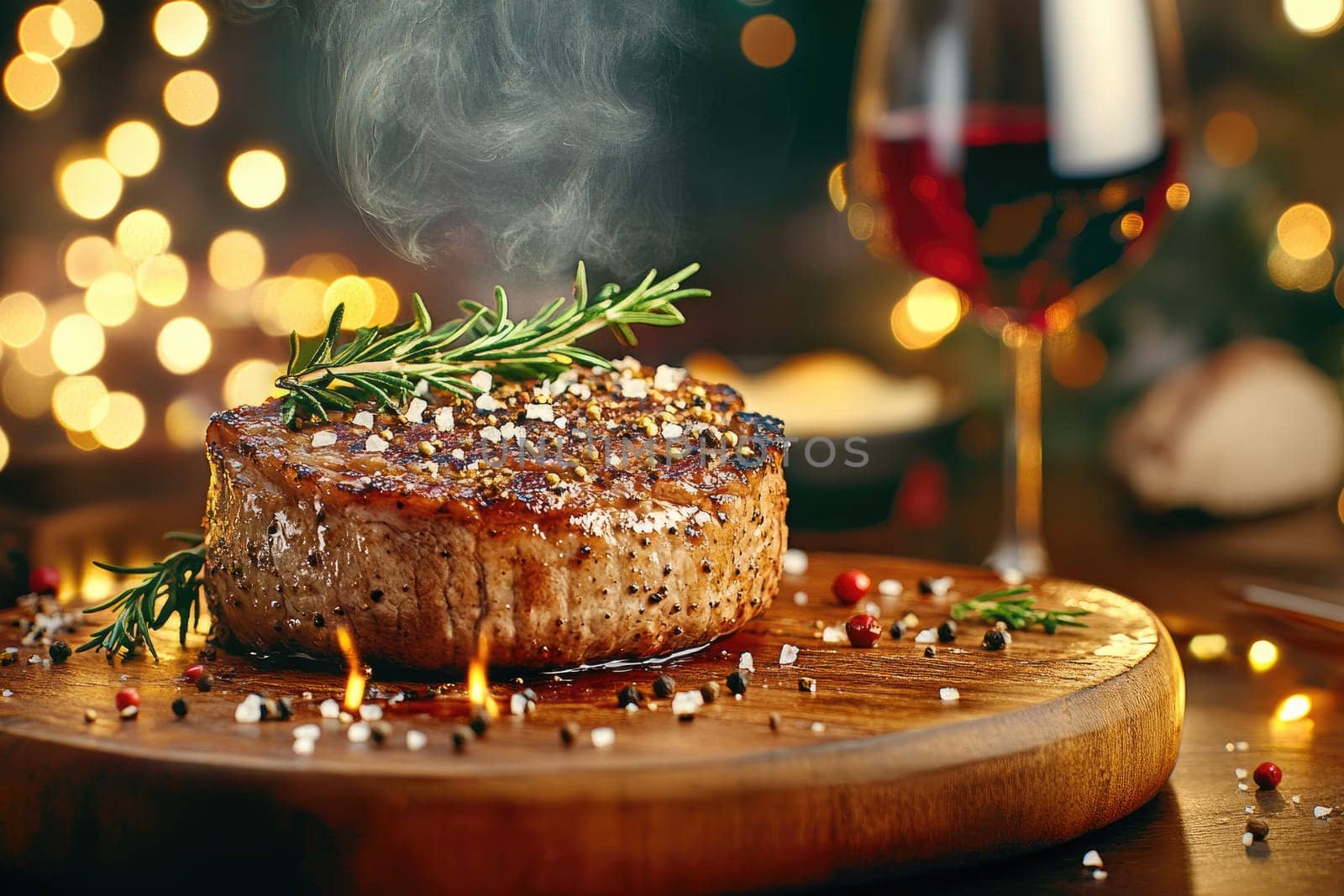A perfectly seared steak rests on a rustic wooden board, adorned with rosemary and sea salt. Soft lighting highlights its golden-brown crust, while wisps of smoke emerge, suggesting warmth.