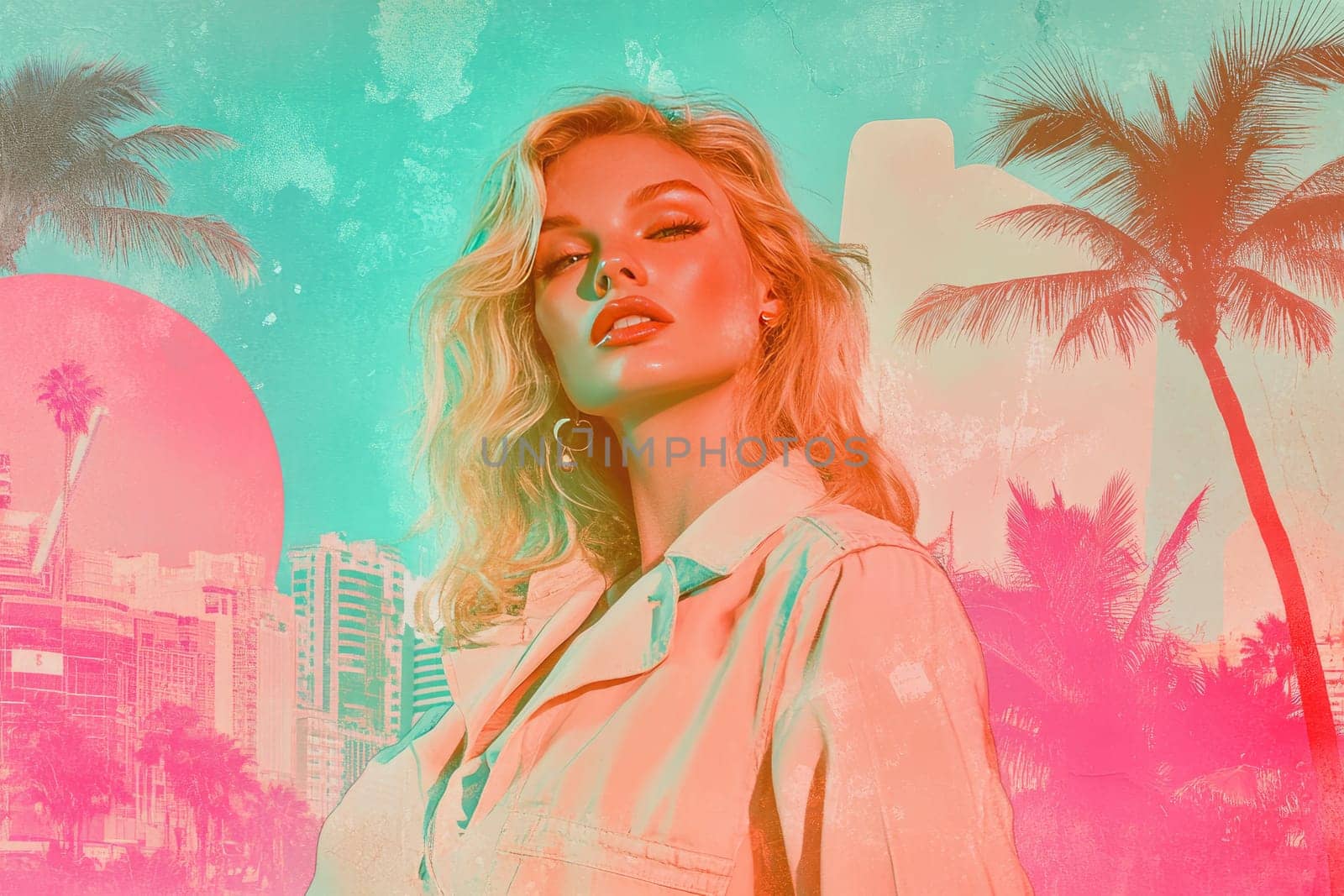 A glamorous blonde poses elegantly in soft afternoon light, surrounded by stylized palm trees and a vintage cityscape, creating a sophisticated retro atmosphere filled with warmth.