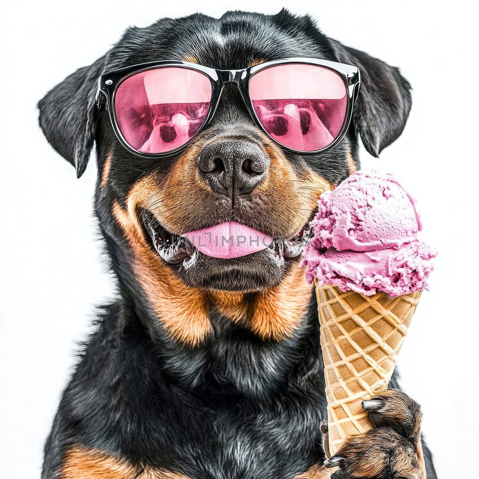 A stylish Rottweiler stands confidently, sporting sleek sunglasses and holding an ice cream cone. This front-facing, powerful canine radiates charm against a minimalist white background.