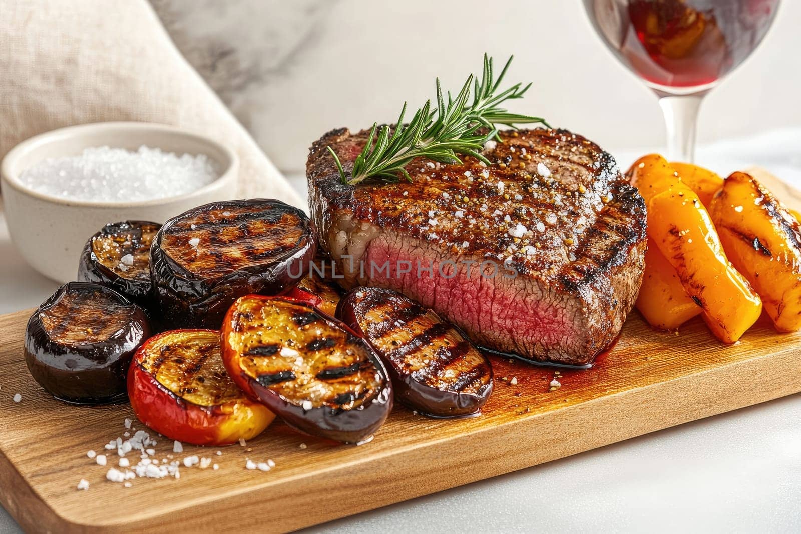 Flame-grilled steak is beautifully sliced and plated alongside colorful grilled vegetables. A touch of garlic oil and fresh rosemary enhance the inviting presentation, set against soft lighting.