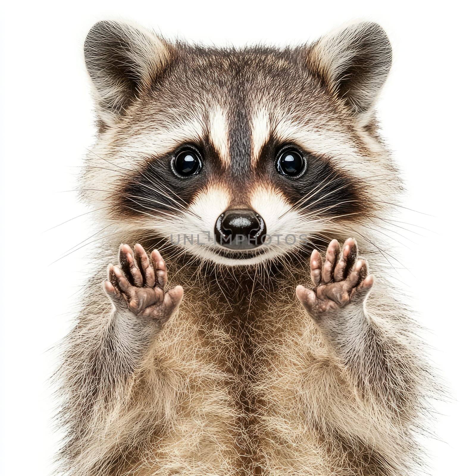 A curious raccoon is positioned on its hind legs with raised paws, gazing intently at the camera. Its playful demeanor and unique markings can easily capture anyone's attention.