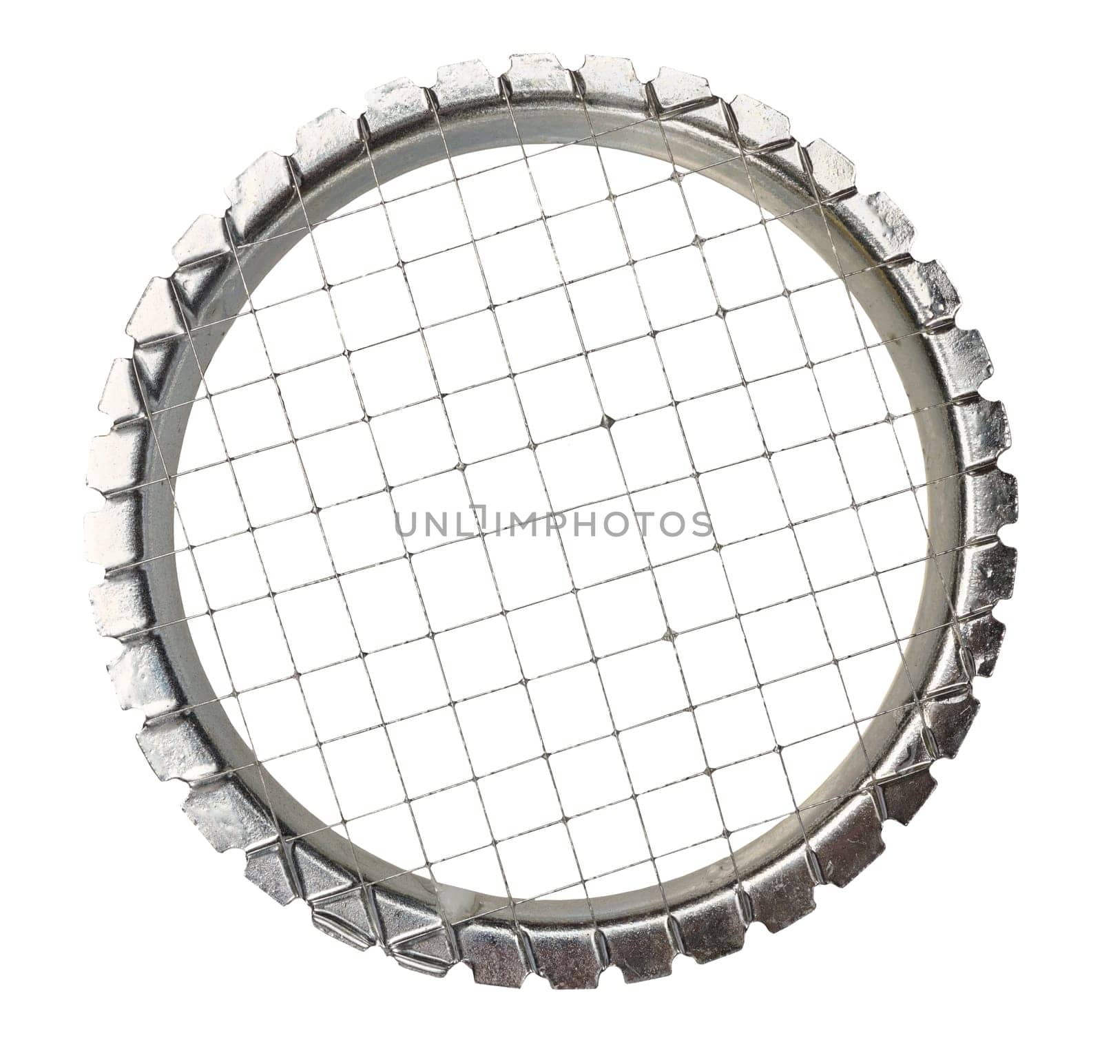 A close-up metal egg slicer with a grid of thin wires, isolated  background. The slicer has a round shape with a serrated edge
