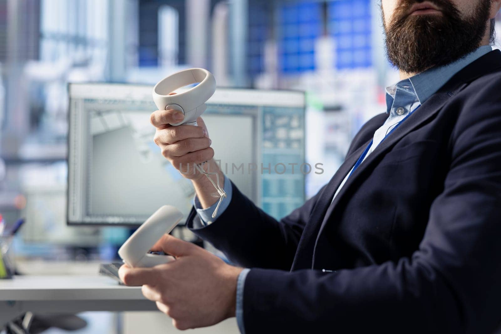 Solar panel facility employee reviews photovoltaic system performance using VR equipment. Close up of professional analyzing production metrics using virtual reality technology to optimize efficiency