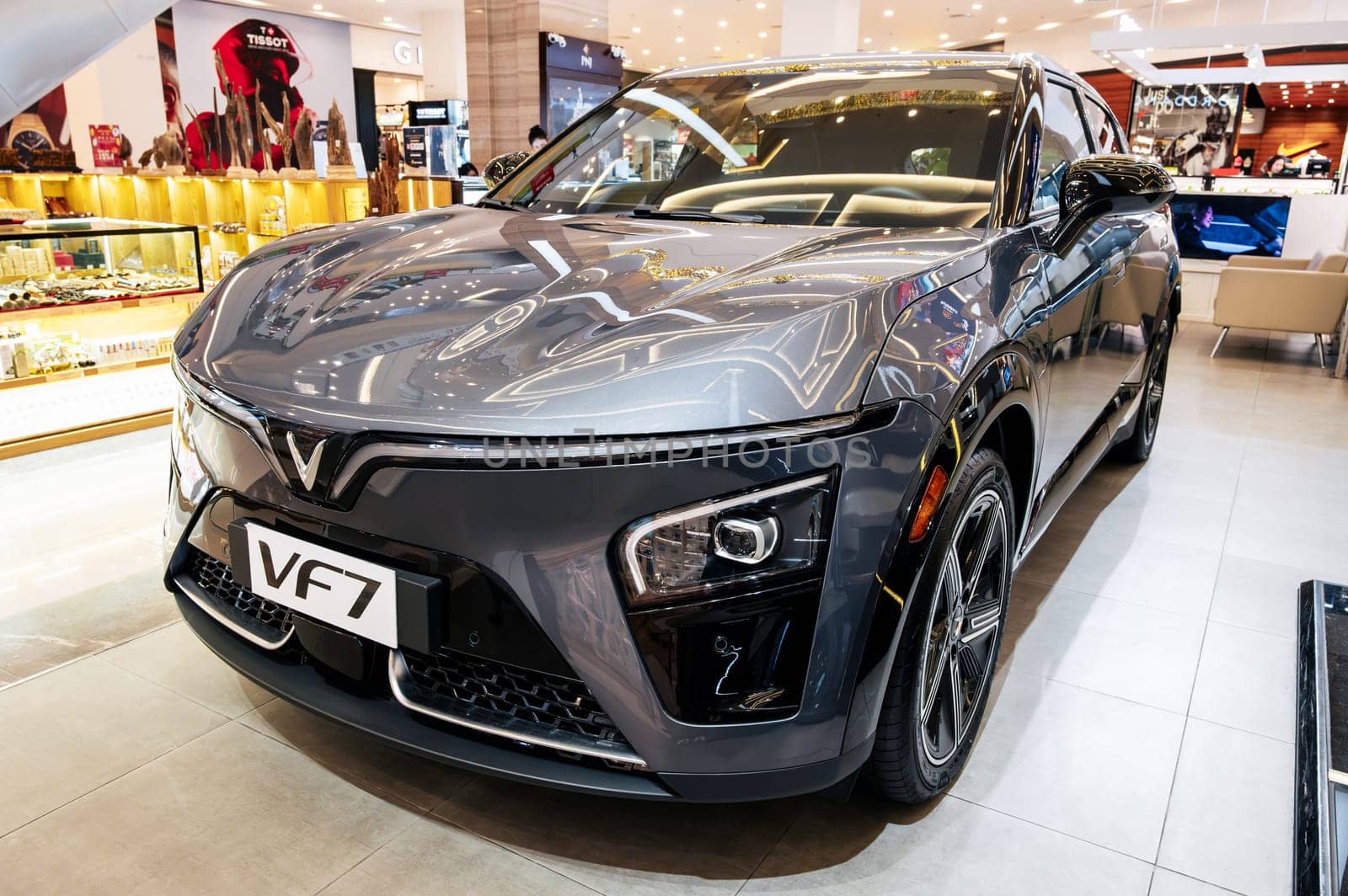 New modern Vietnamese electric car Vinfast VF7 at the automobile exhibition in Vietnam. Nha Trang, Vietnam - April 01, 2025