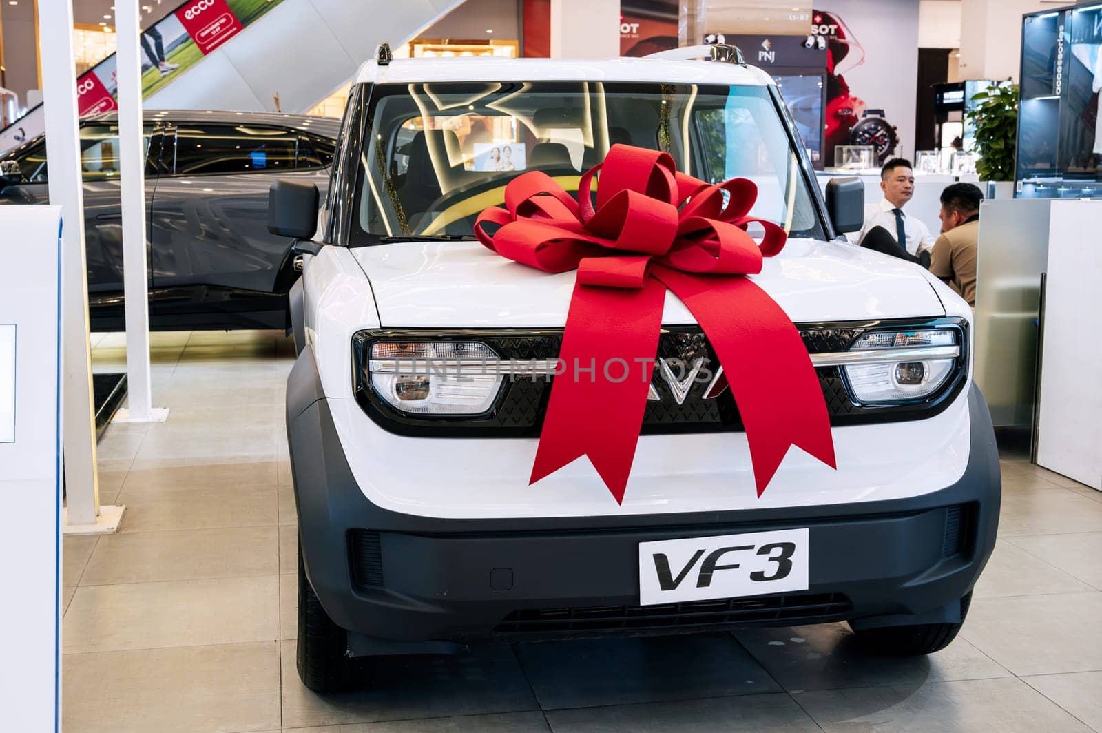 New modern Vietnamese electric car Vinfast VF3 at automobile exhibition in Vietnam. Nha Trang, Vietnam - April 01, 2025