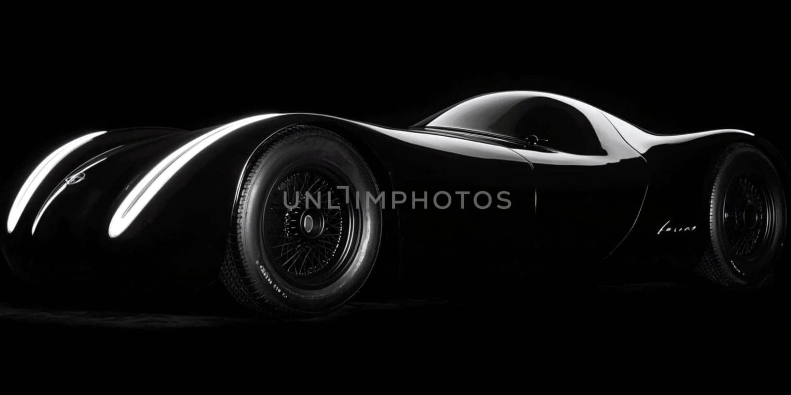 Sleek black vintage car shines in a dark studio, reflecting light and exuding luxury and power with its polished chrome details and clean lines