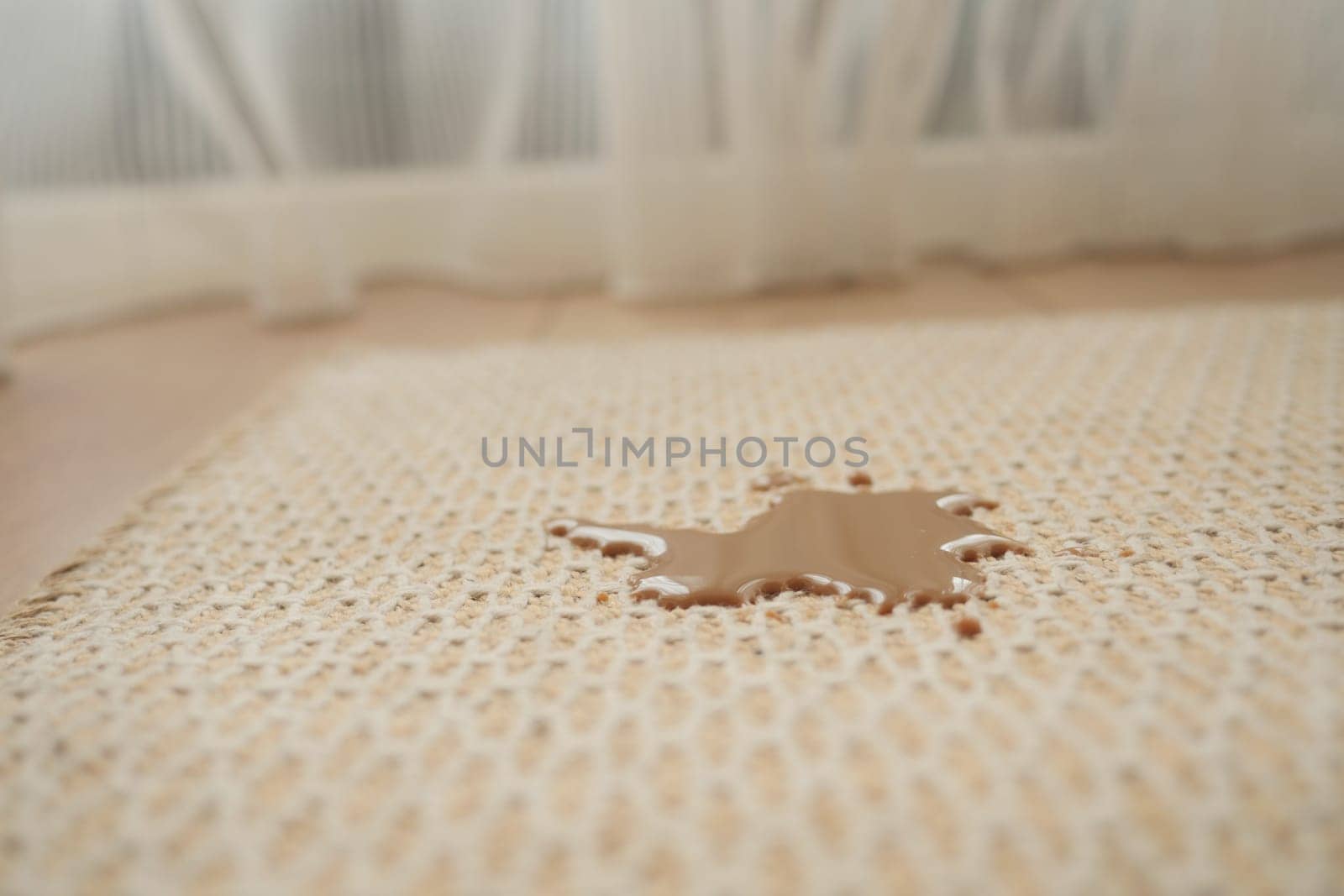 A dark liquid stain has spread across a woven mat inside a bright room.