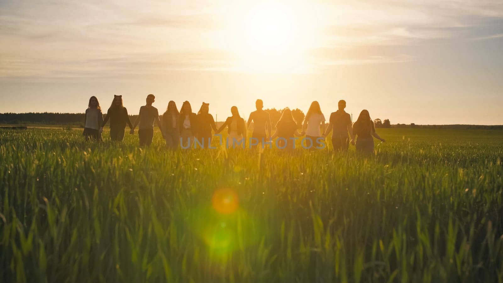 Silhouettes of a group of friends walking across a field in the sunset holding hands