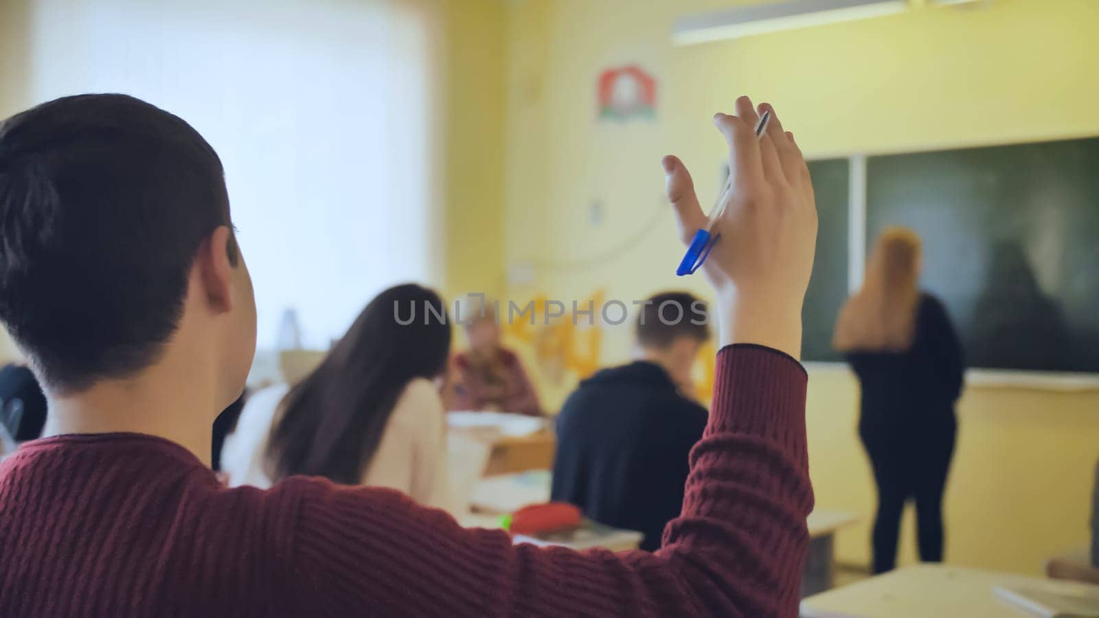 High school student raises his hand during the lesson
