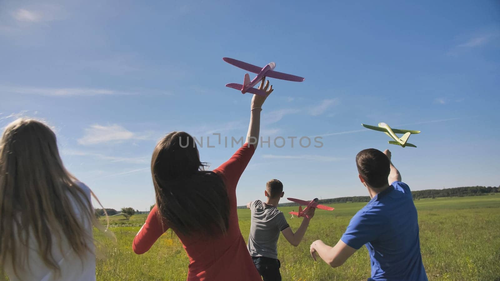 Happy friendly friends goes with toy airplanes that emit colored smoke