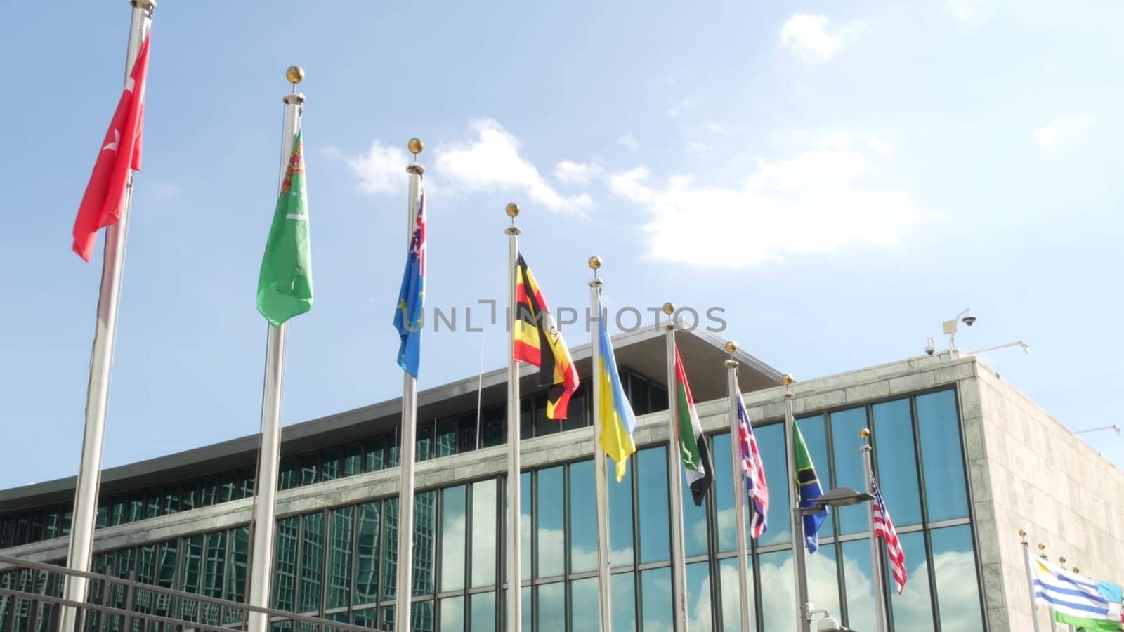 New York City, United States - 12 Sept 2023: United Nations UN Headquarters, Manhattan Midtown, USA. Diplomatic political international organization. Flags row for General Assembly conference session.