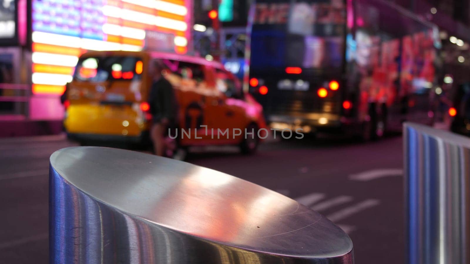 New York City, United States -5 Sept 2023: Times Square, Manhattan Midtown Broadway street, USA. American yellow taxi cab, urban road traffic. People. Advertising signs, commercial billboard screens.