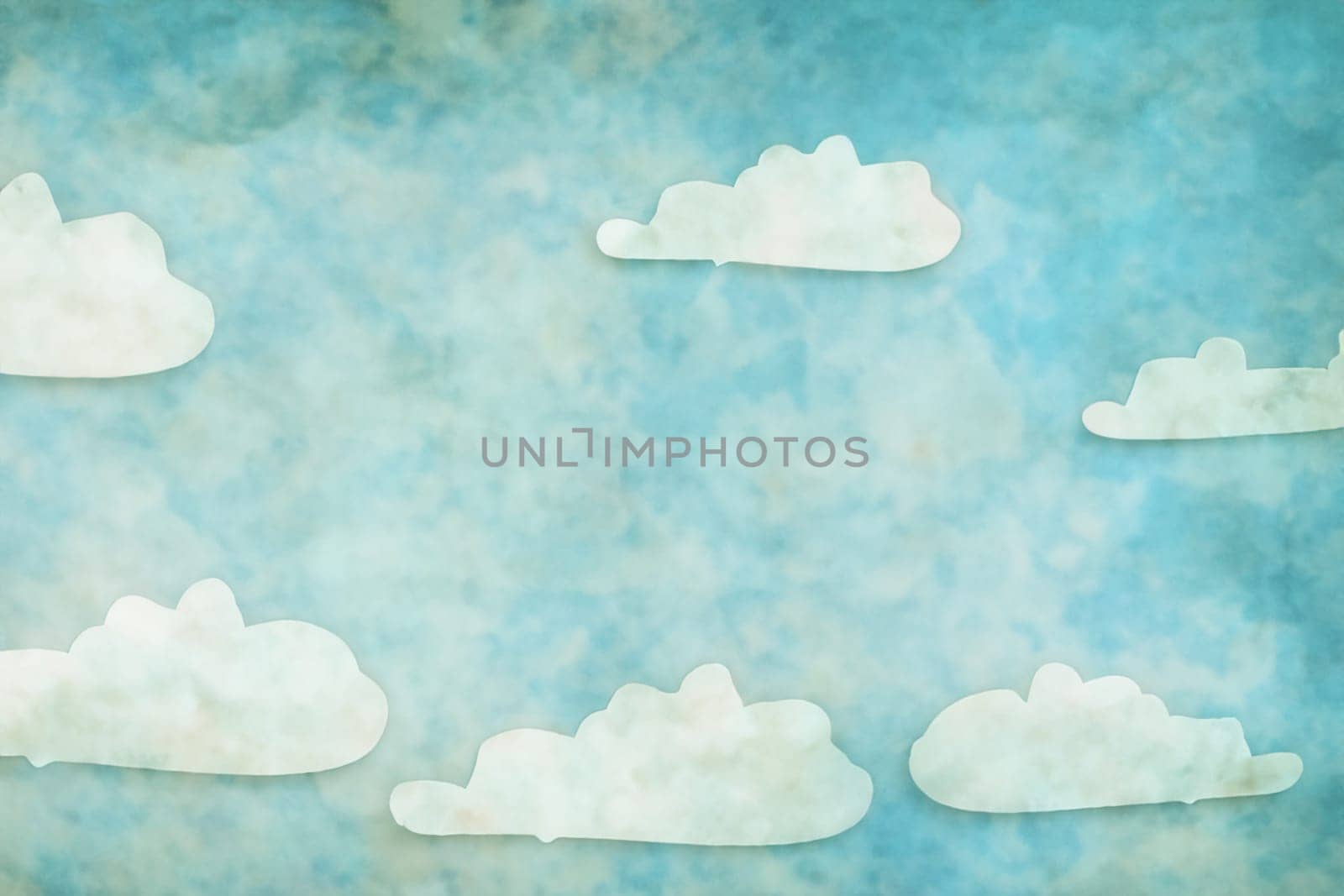 beautiful fluffy clouds and light blue sky on grunge paper texture