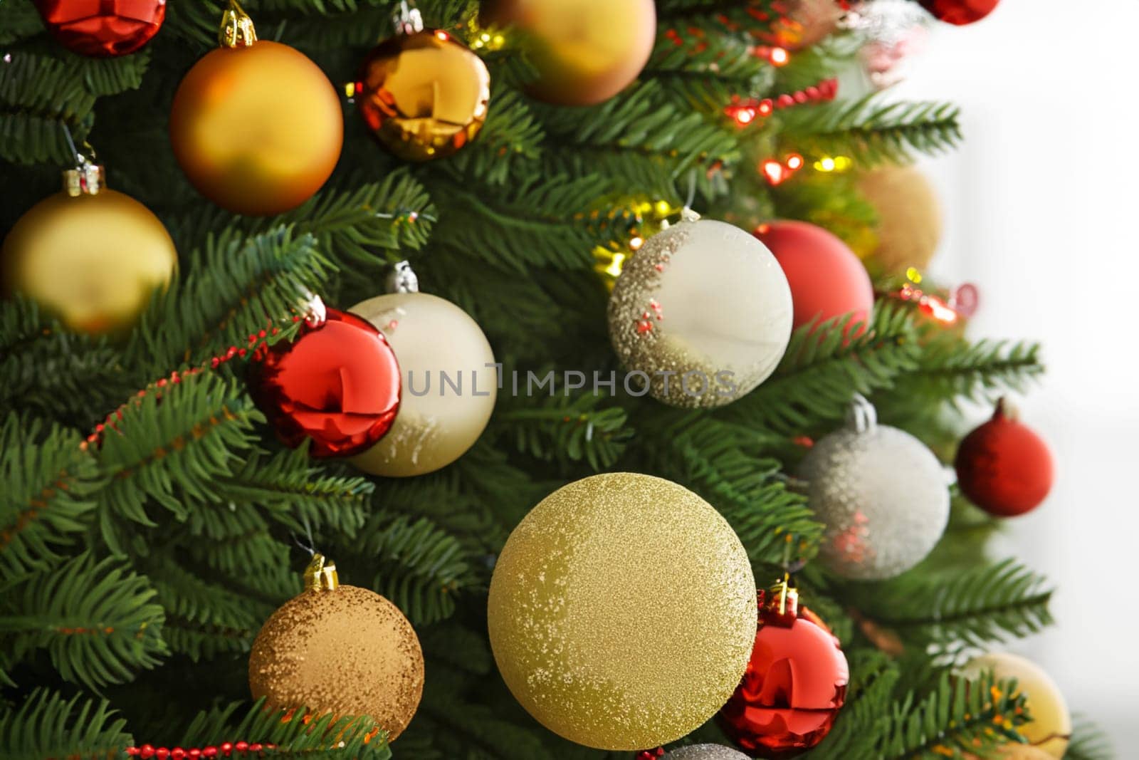 decorated christmas tree on blurred background. christmas background