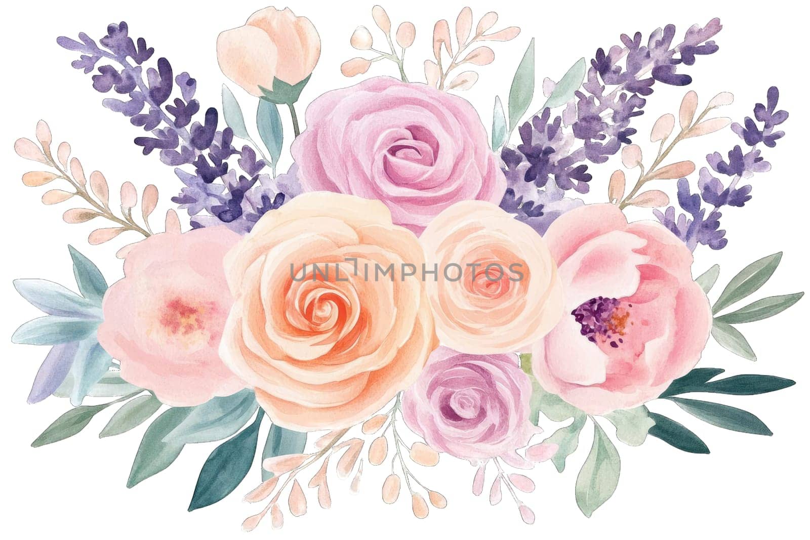 A beautiful assortment of flowers includes pink and peach roses alongside lavender and pale blooms. The arrangement is lush and vibrant, perfect for decoration or inspiration.