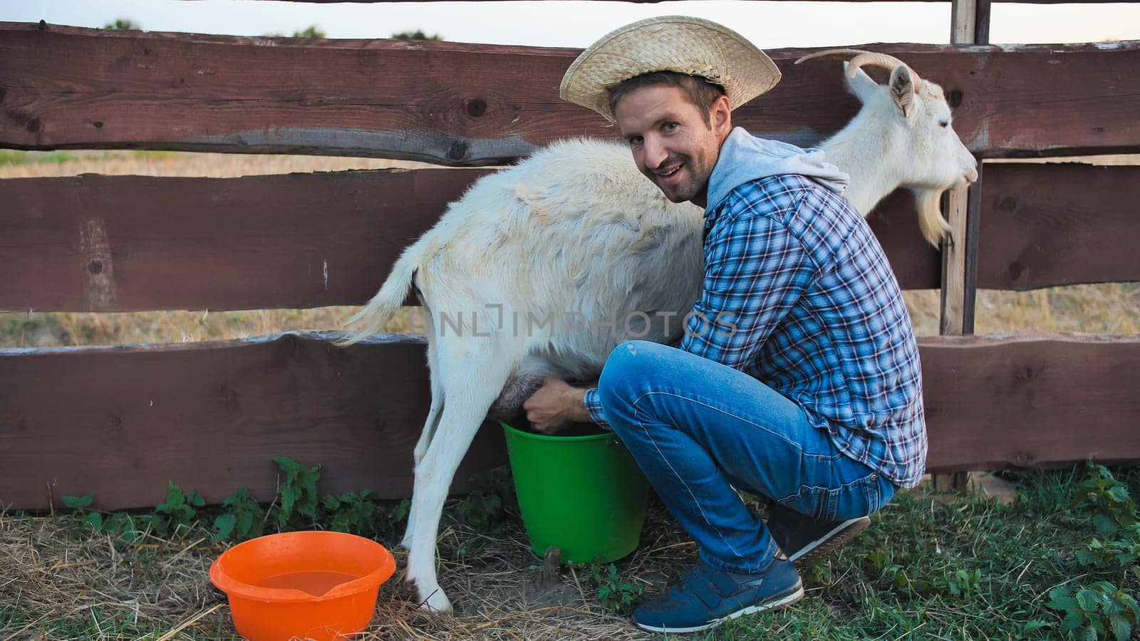 A young man milks his goat in the village