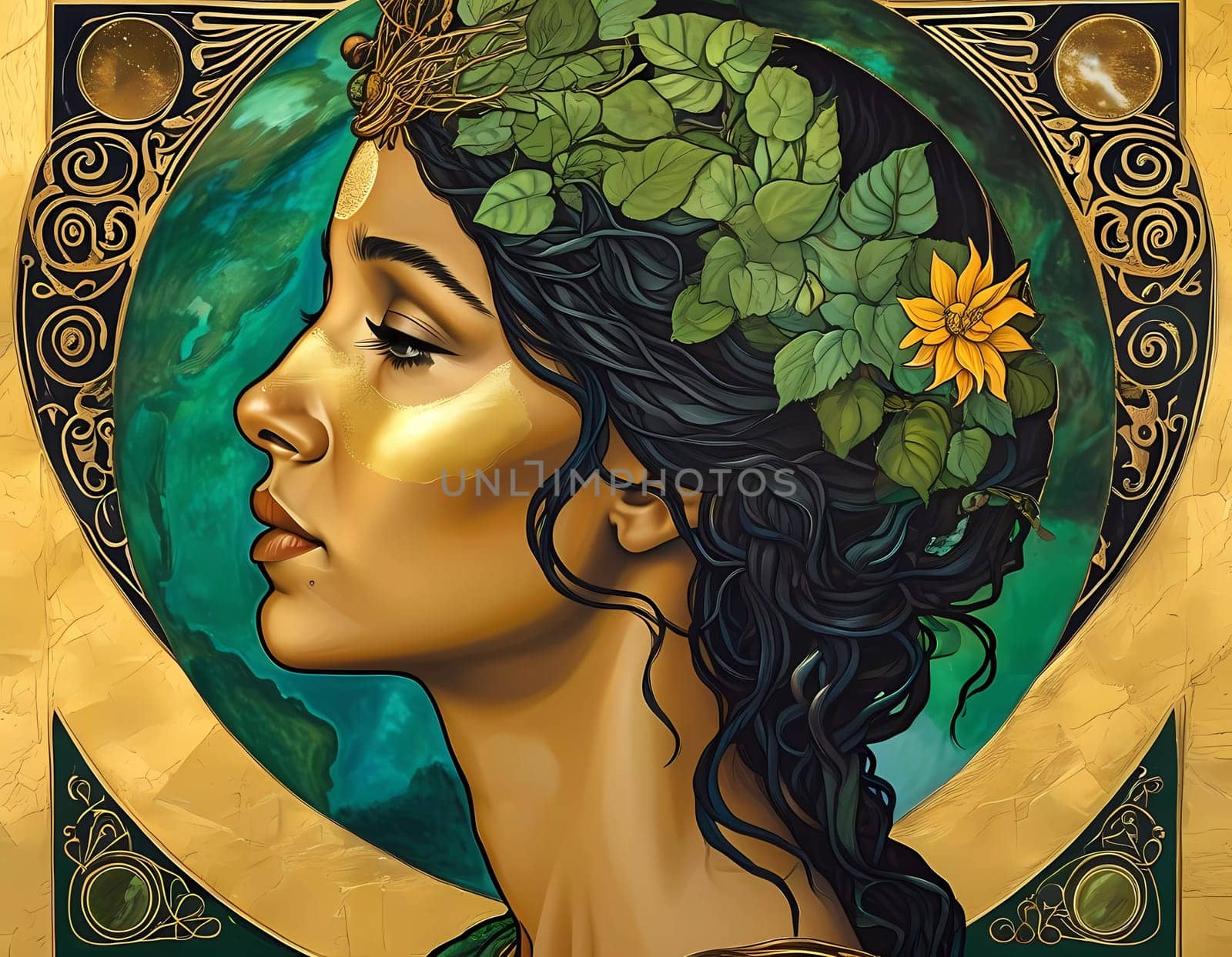 Embodying the spirit of Gaia, this artwork showcases a woman adorned with leaves and a sunflower, symbolizing her connection to nature and the earth's bounty.