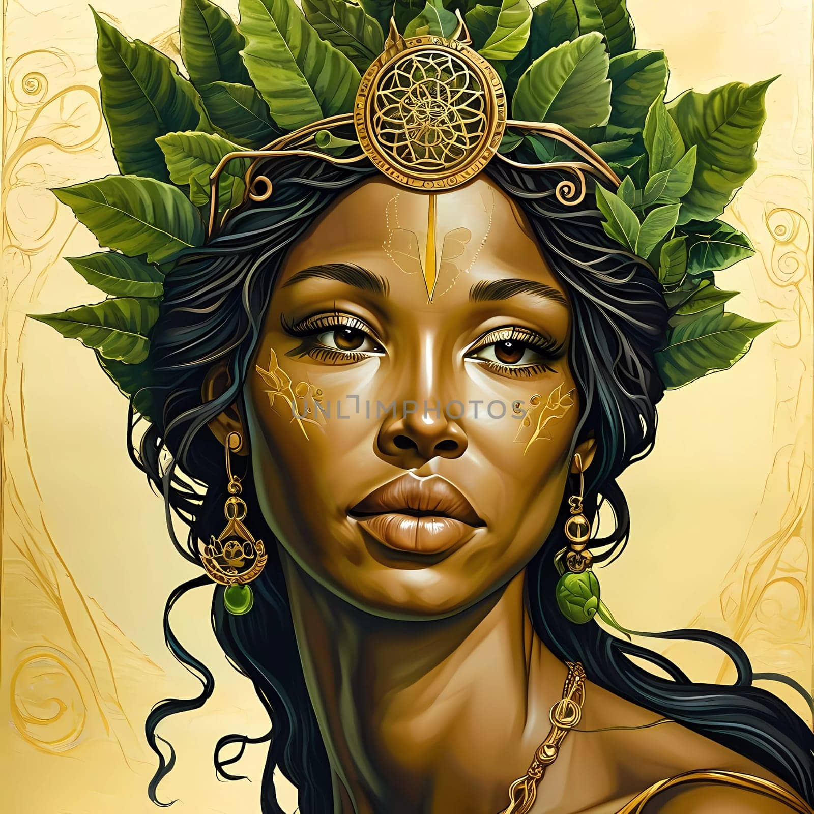 Resplendent with leaf adornments, the goddess Gaia emanates earth's vitality. Her gaze connects with the natural world, symbolizing balance and the essence of life.
