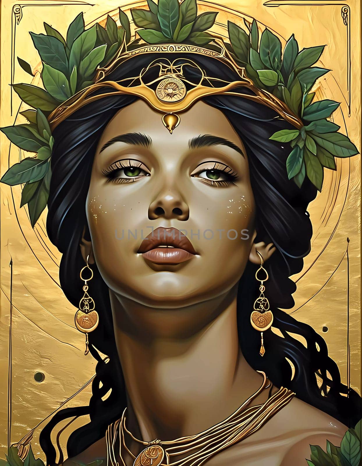 Portrait of a goddess inspired by Gaia, radiating tranquility and power. Adorned with natural elements, she symbolizes harmony and connection to the earth.