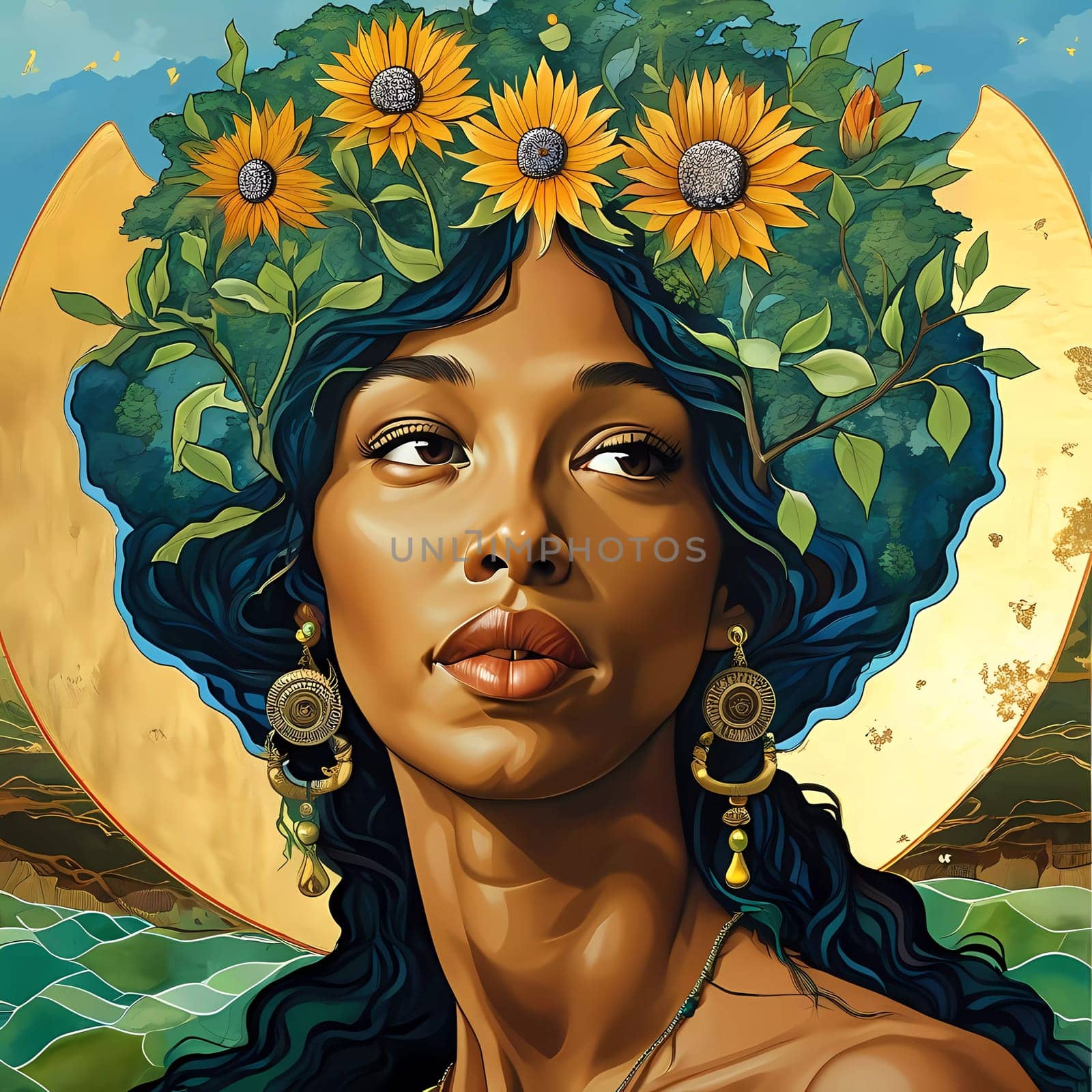 Gaia stands gracefully, her hair intertwined with lush sunflowers and greenery, symbolizing the bounty of nature.