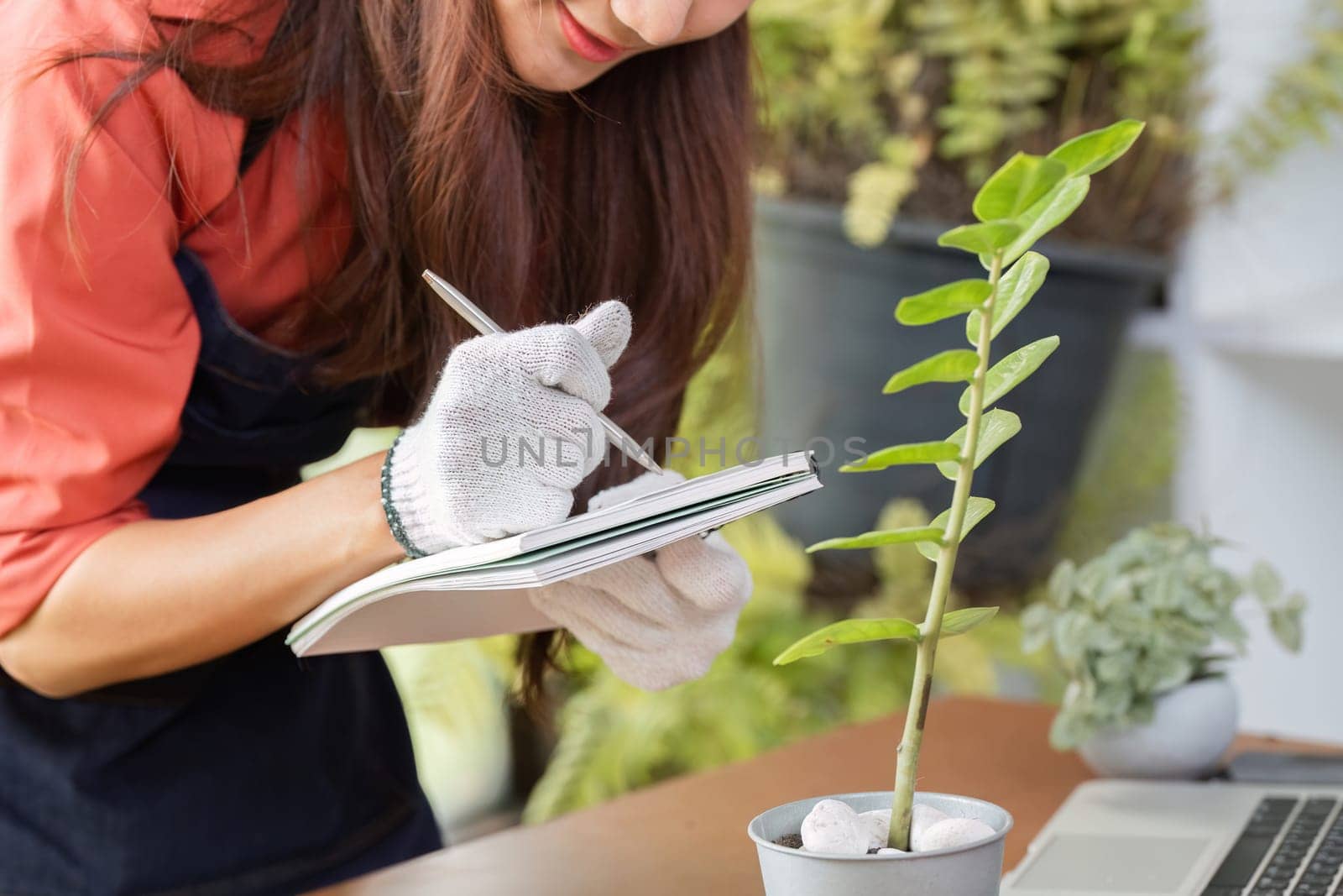 The gardener takes notes on her plant's growth, documenting important details to enhance her sustainable gardening practices.