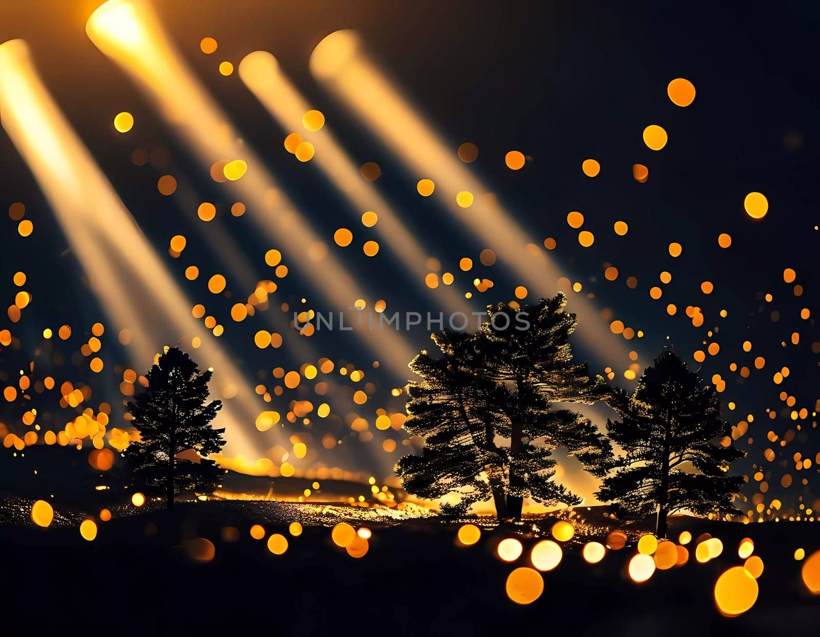 Vibrant rays of light break through the dark canopy of trees, casting a mystical glow over a sparkling terrain during twilight, creating an enchanting atmosphere.