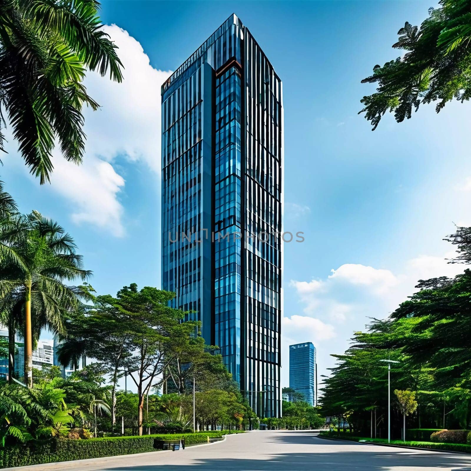 Bright sunlight illuminates a sleek skyscraper surrounded by tropical trees, showcasing a harmonious blend of nature and urban architecture in an energetic city atmosphere.