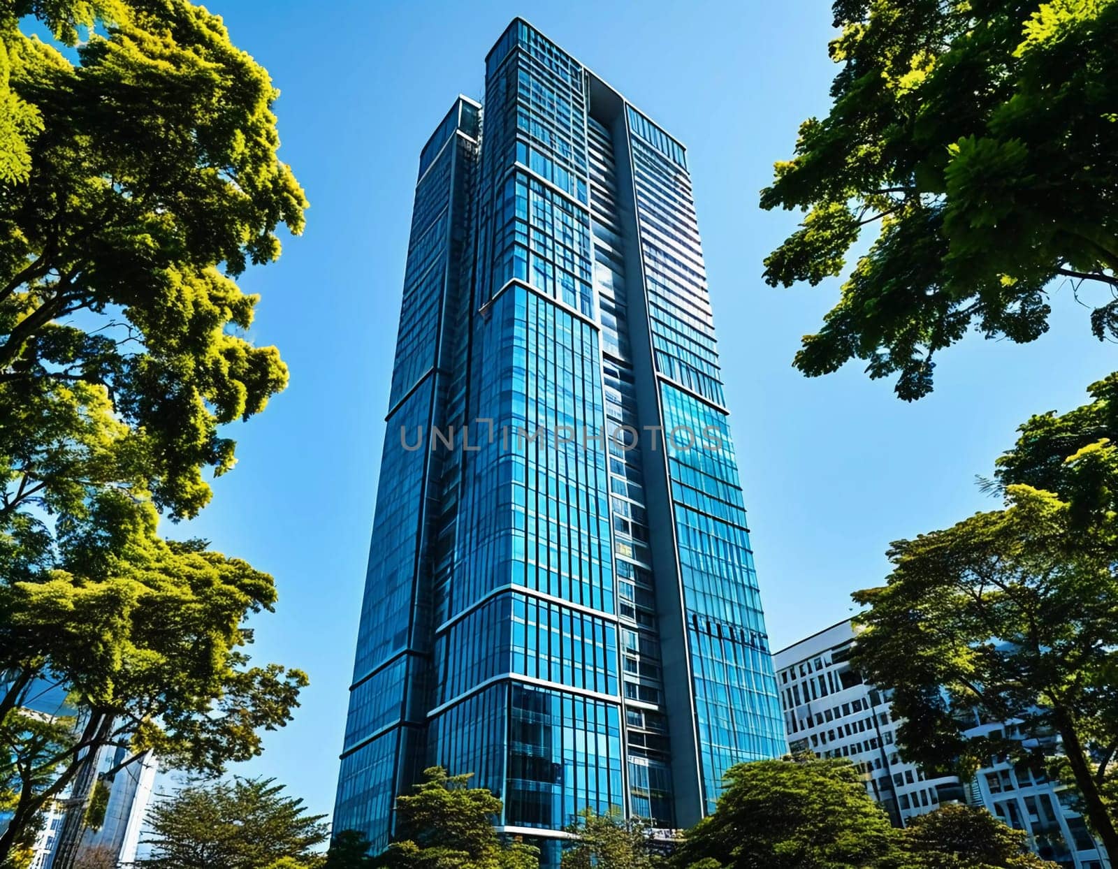 A striking high-rise skyscraper stands tall, its glass facade shimmering under a clear blue sky. Lush green trees surround the building, blending urban life with nature's beauty.