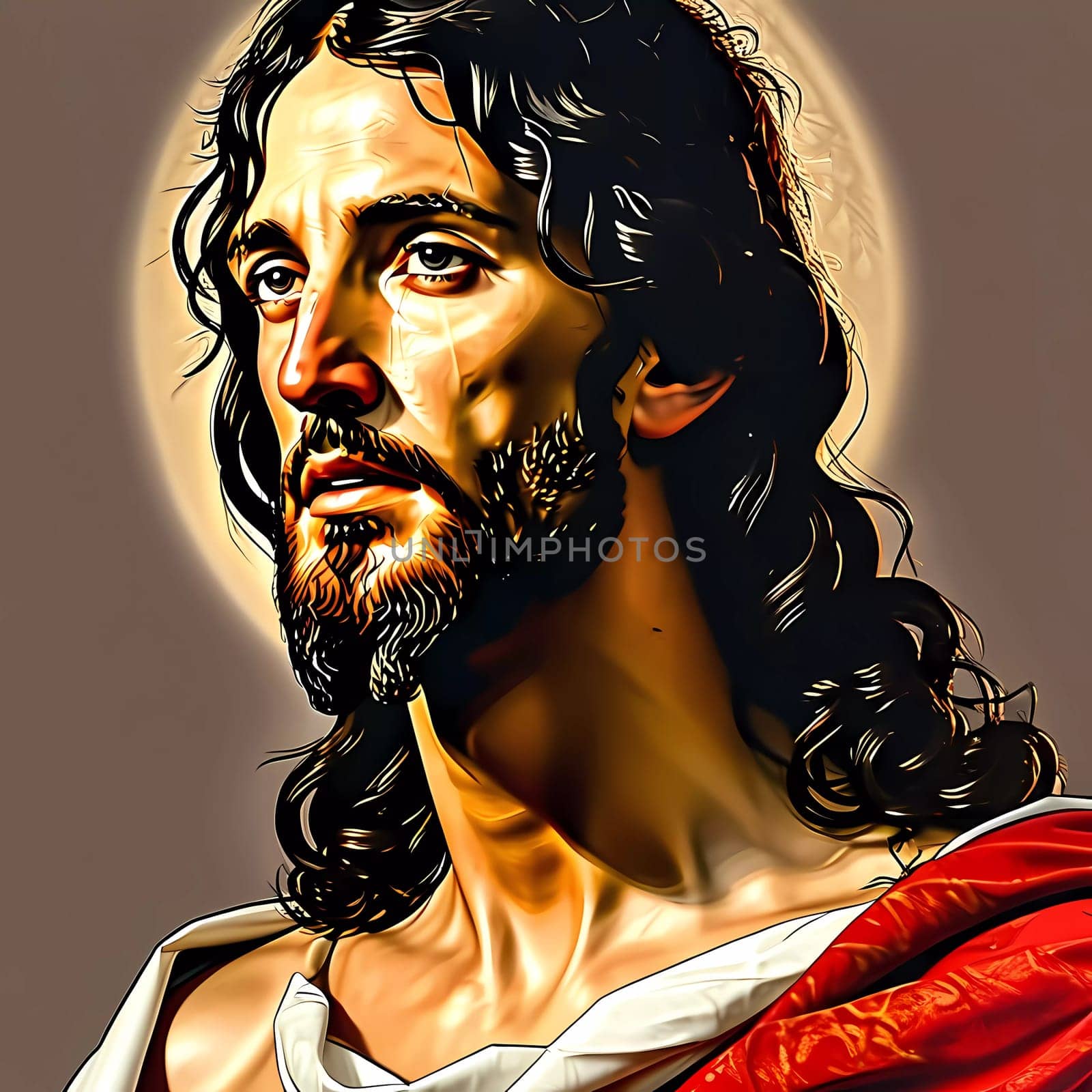 A figure of Jesus Christ gazes upward with a serene expression, long hair cascading over his shoulders, light emanating from behind him. The atmosphere embodies peace and spirituality.